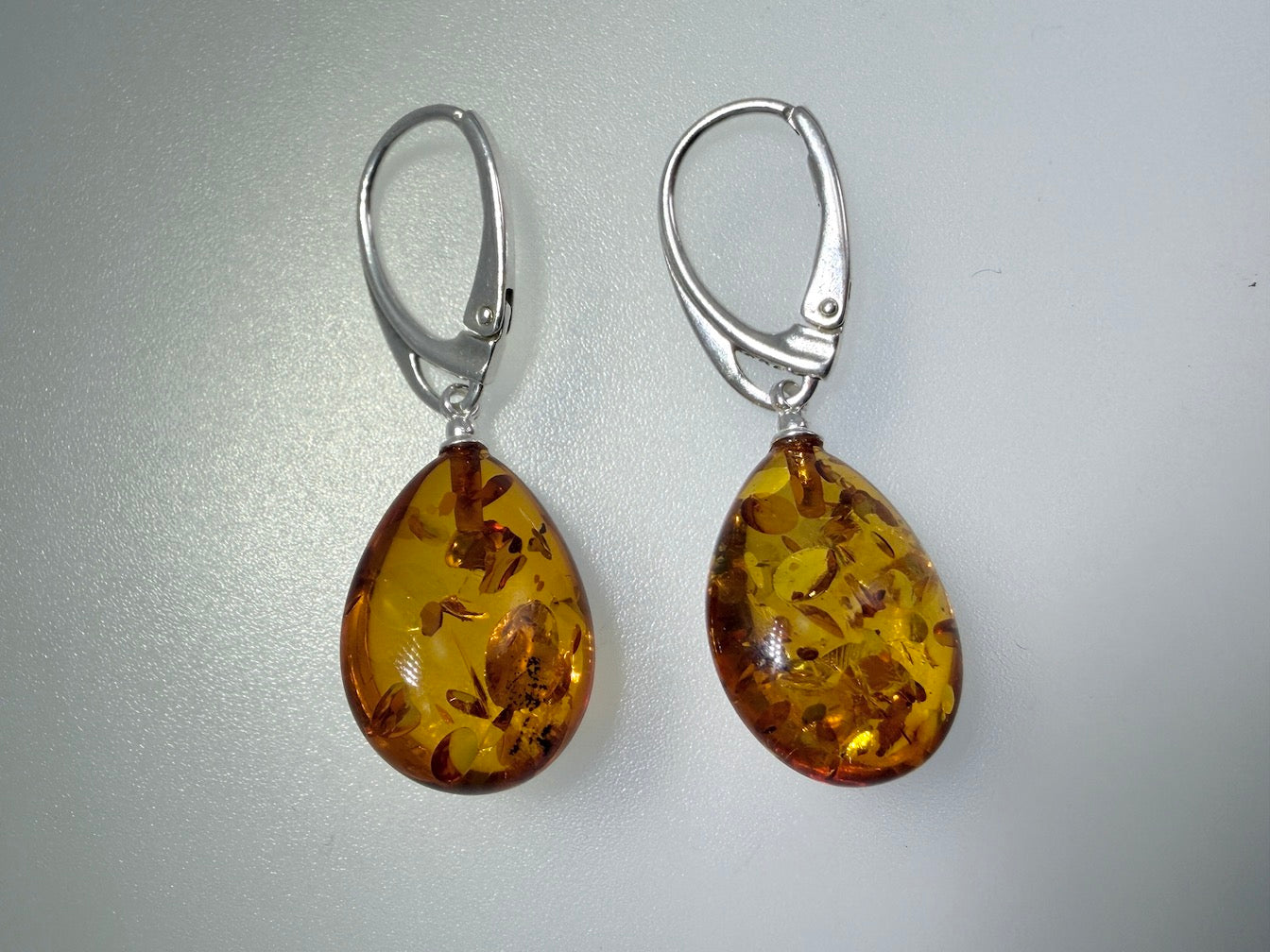 Handmade Baltic Amber Dangle Earrings | Natural Honey Cognac Teardrops with Sterling Silver Lever-Back Closures