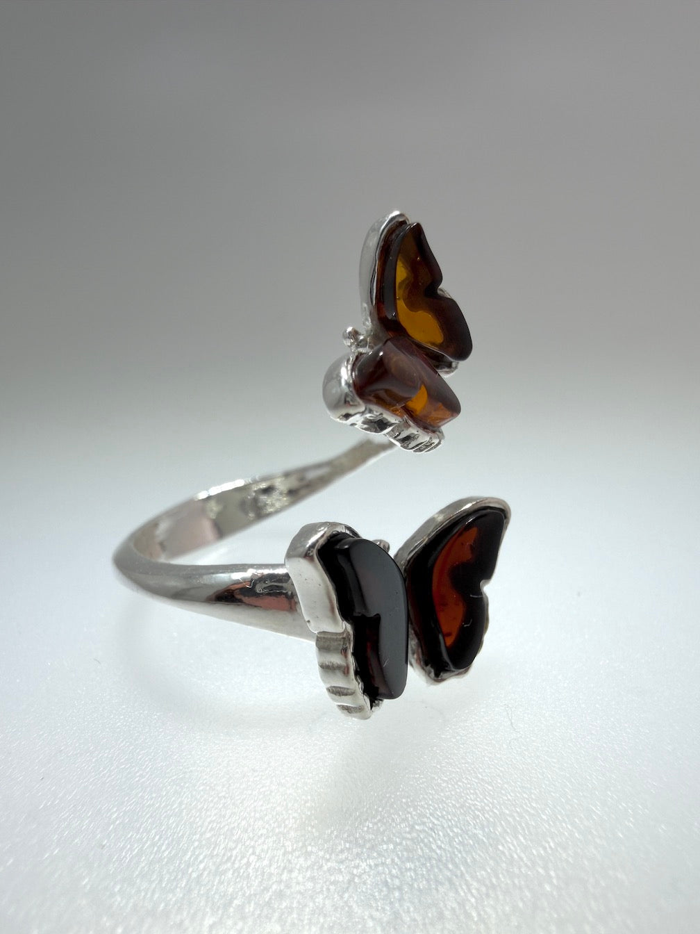 Baltic Amber Double Butterfly Ring – Sterling Silver Adjustable Open Ring – Honey & Cherry Amber
