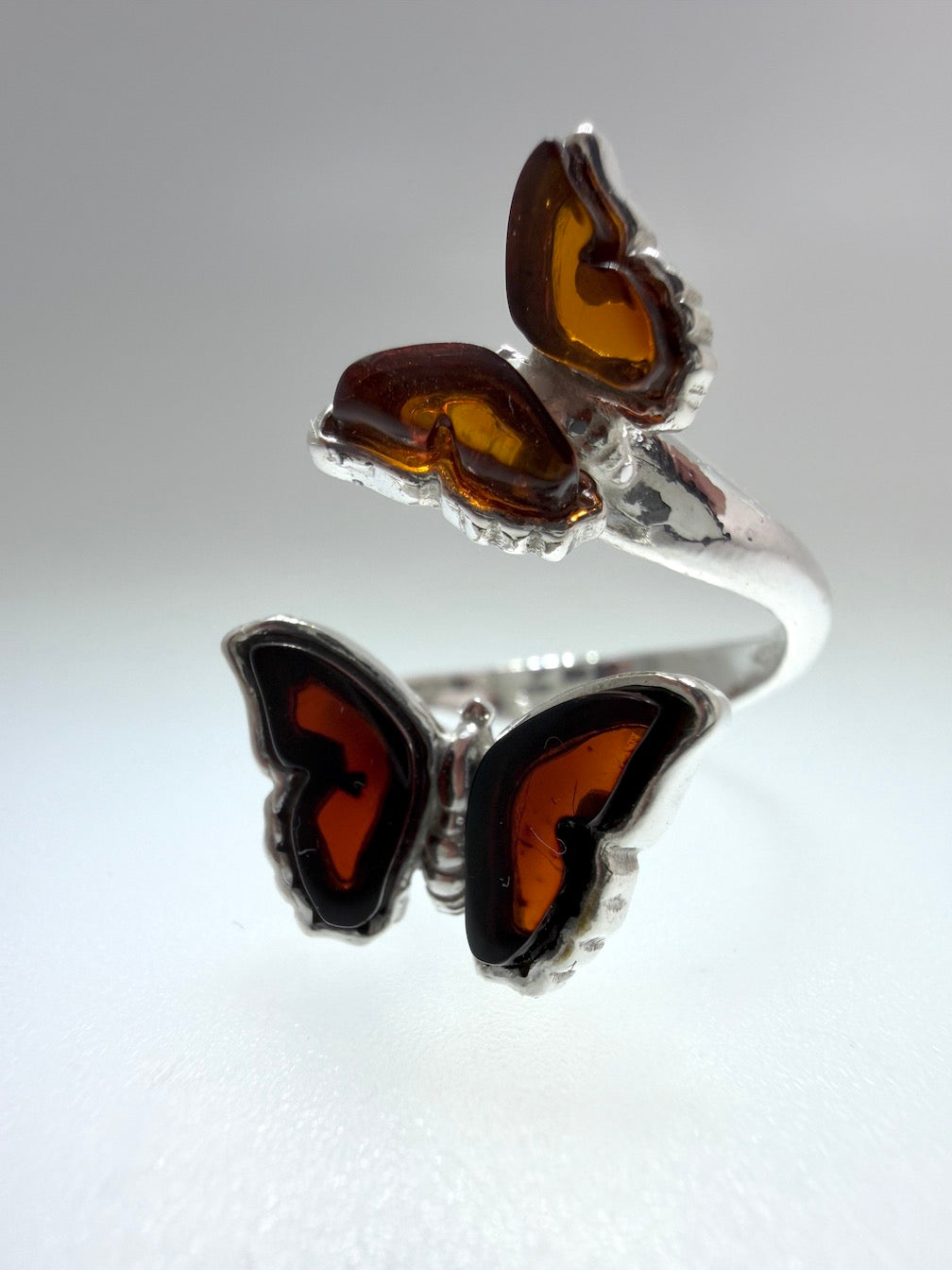 Baltic Amber Double Butterfly Ring – Sterling Silver Adjustable Open Ring – Honey & Cherry Amber