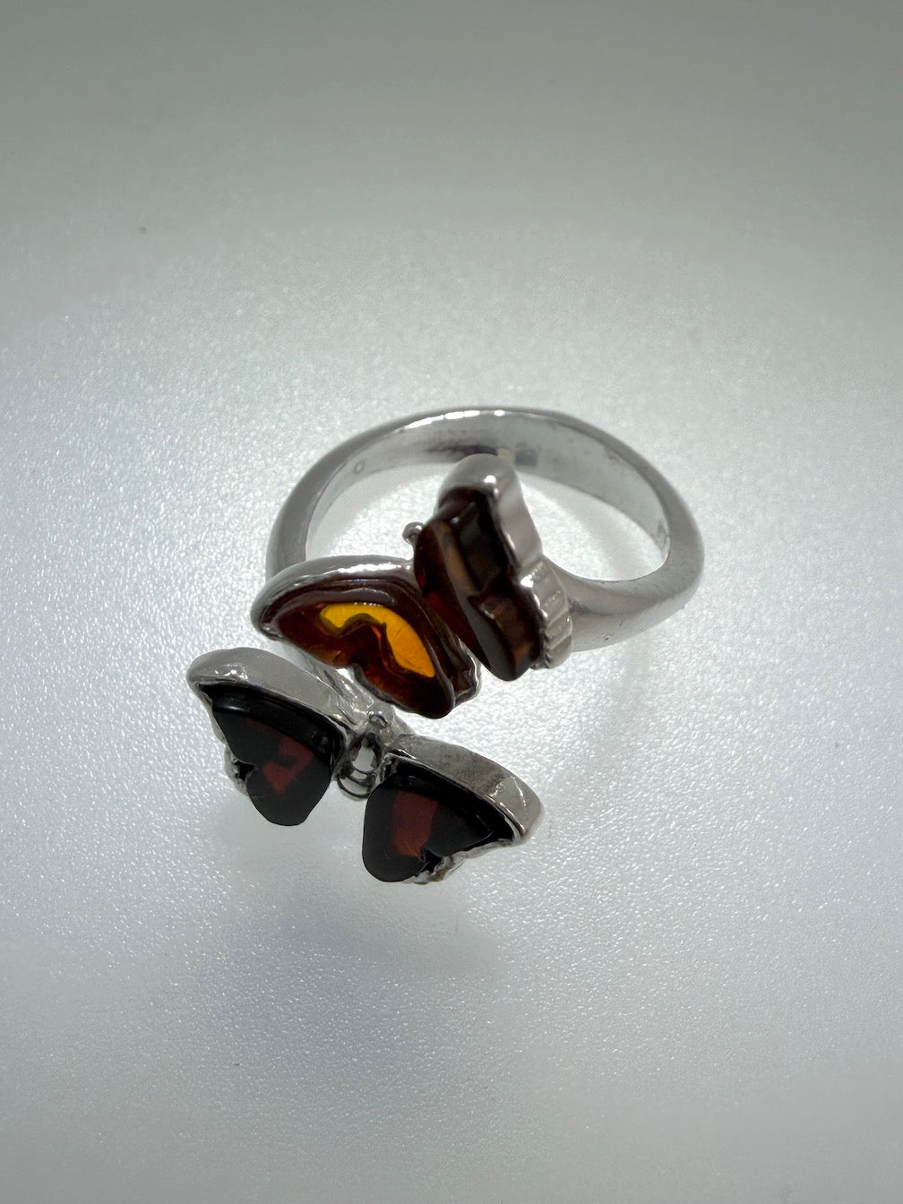 Baltic Amber Double Butterfly Ring – Sterling Silver Adjustable Open Ring – Honey & Cherry Amber