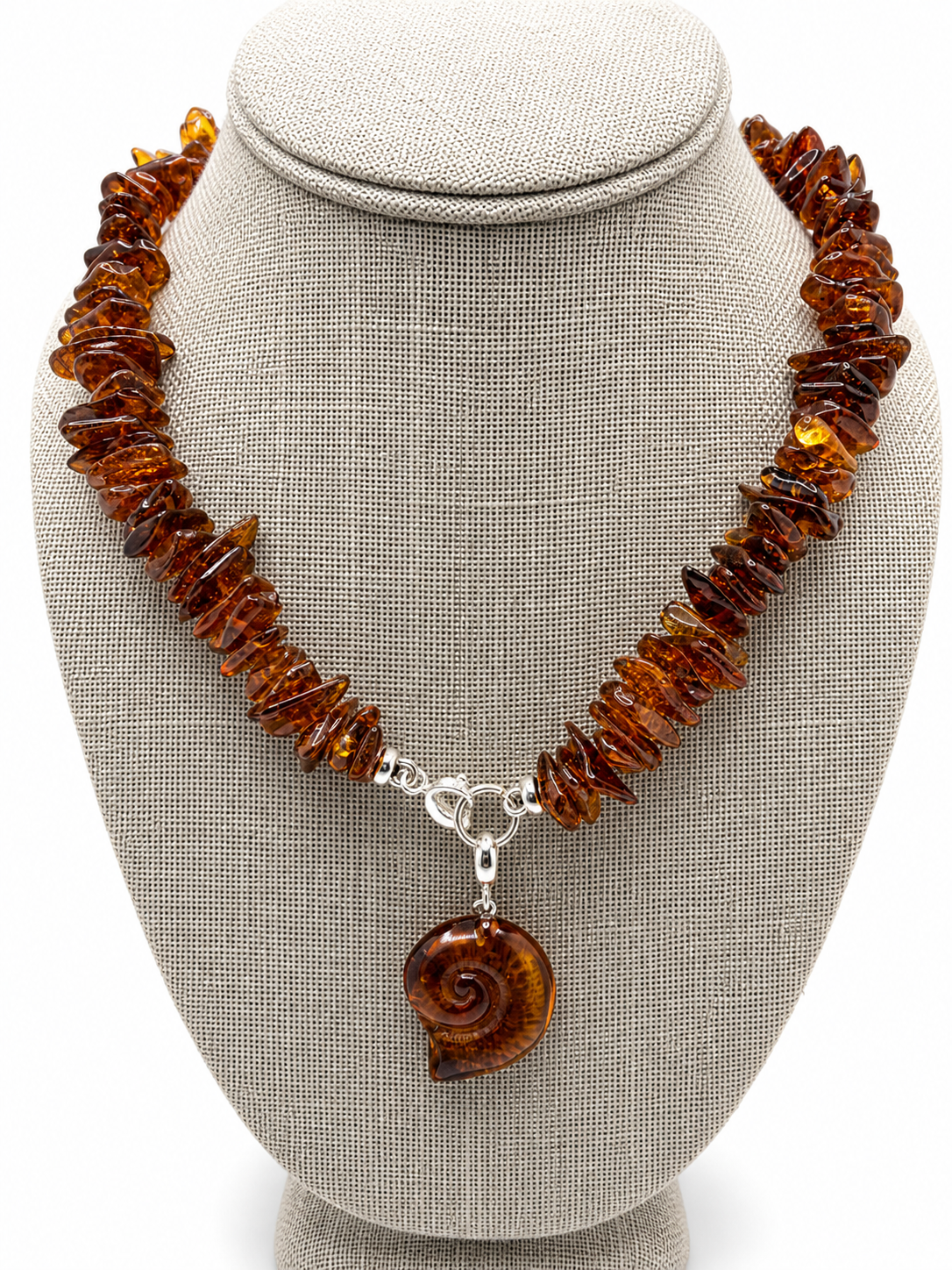 Handmade Baltic Amber Honey Chip Necklace with Hand Carved Seashell Pendant – Genuine Baltic Amber – Lithuania Artisan Jewelry