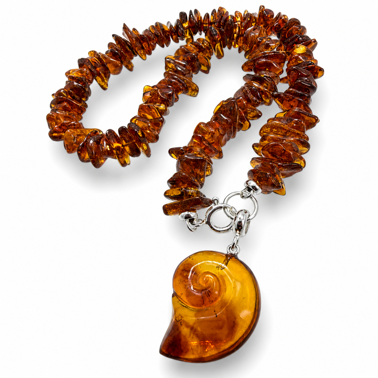 Handmade Baltic Amber Honey Chip Necklace with Hand Carved Seashell Pendant – Genuine Baltic Amber – Lithuania Artisan Jewelry