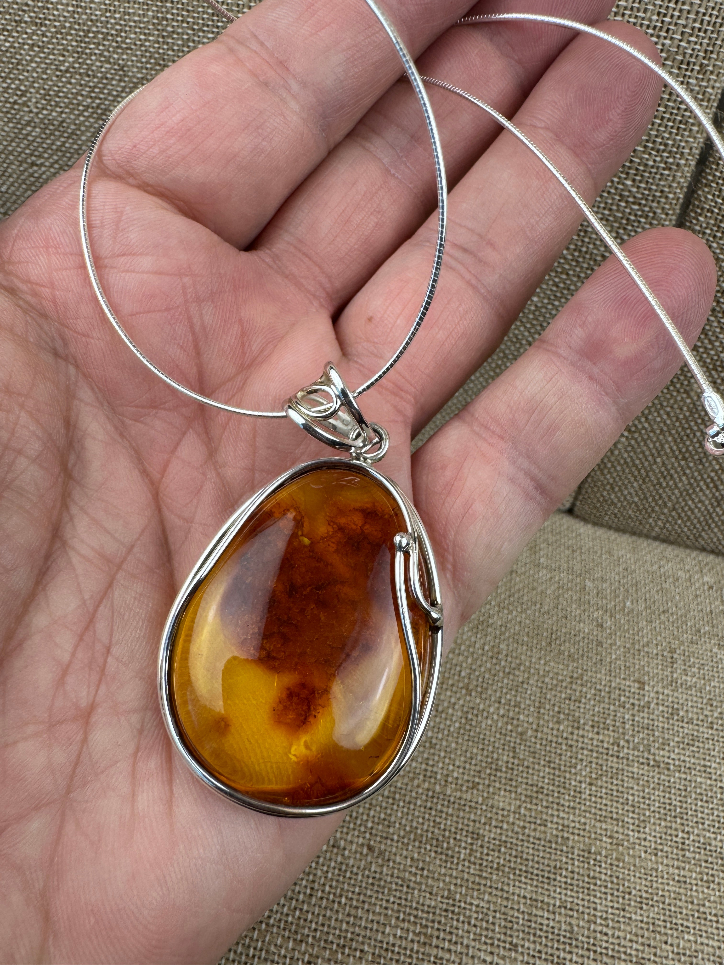 One-of-a-Kind Handmade Baltic Amber & Sterling Silver Pendant on Omega Necklace