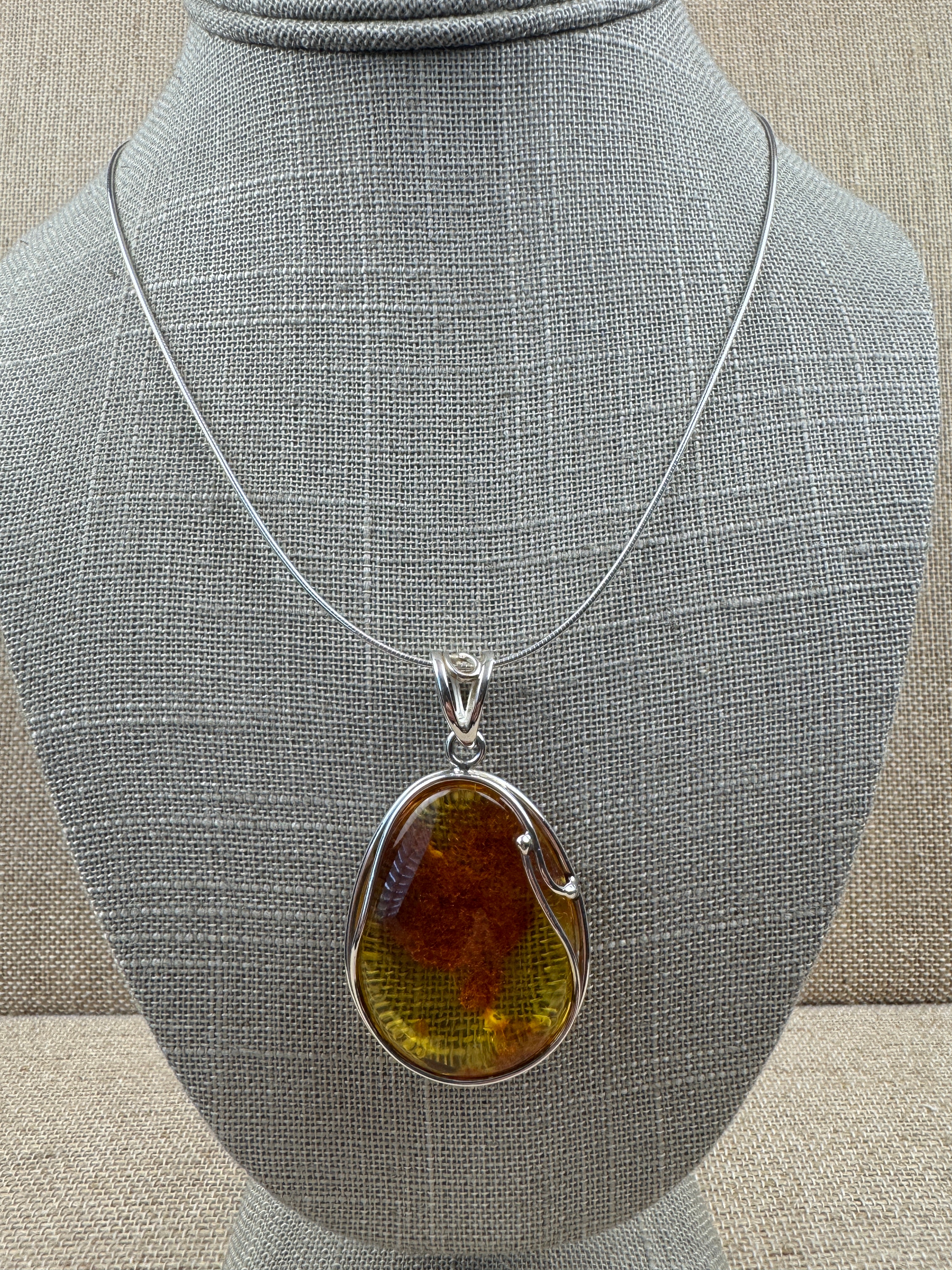 One-of-a-Kind Handmade Baltic Amber & Sterling Silver Pendant on Omega Necklace