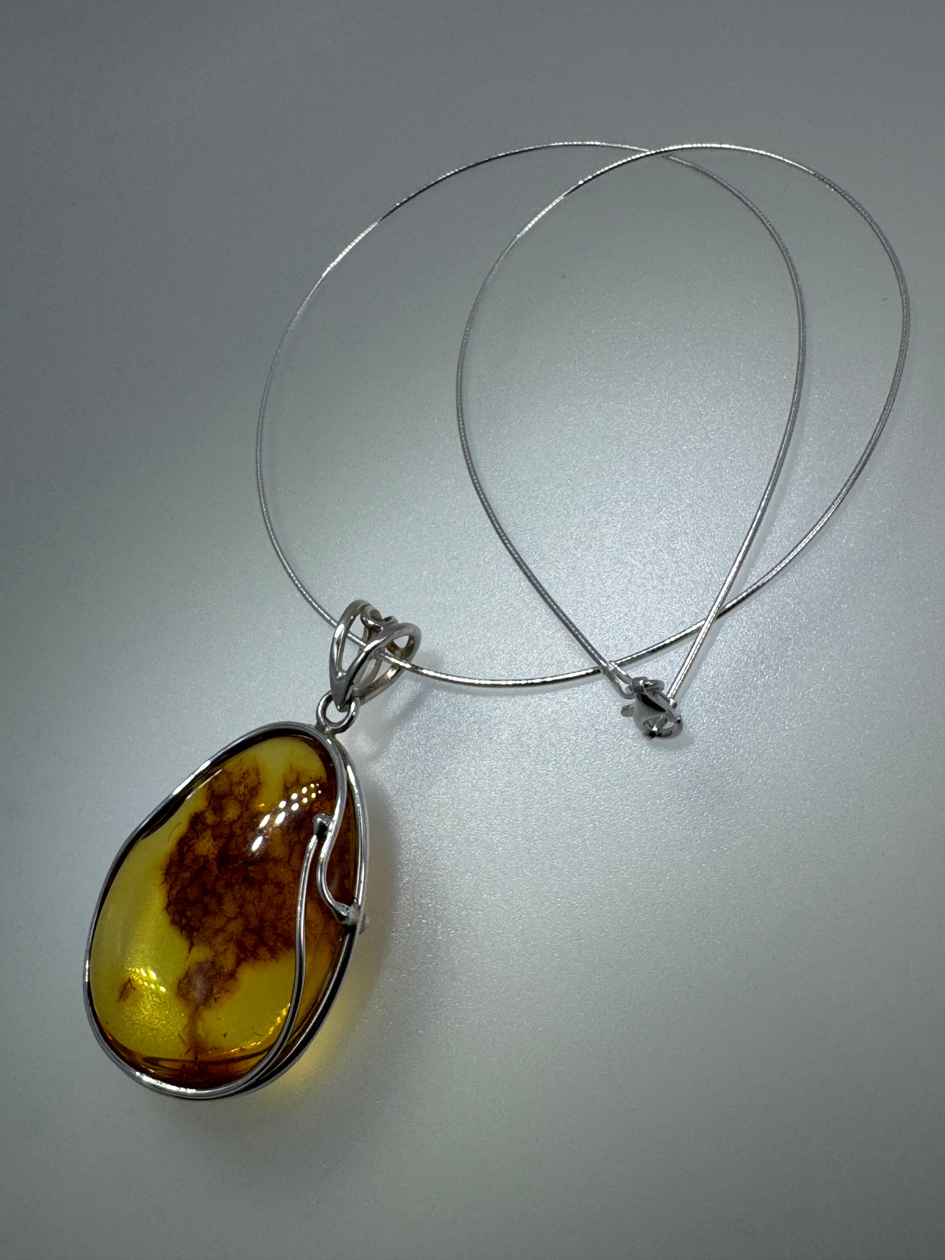 One-of-a-Kind Handmade Baltic Amber & Sterling Silver Pendant on Omega Necklace