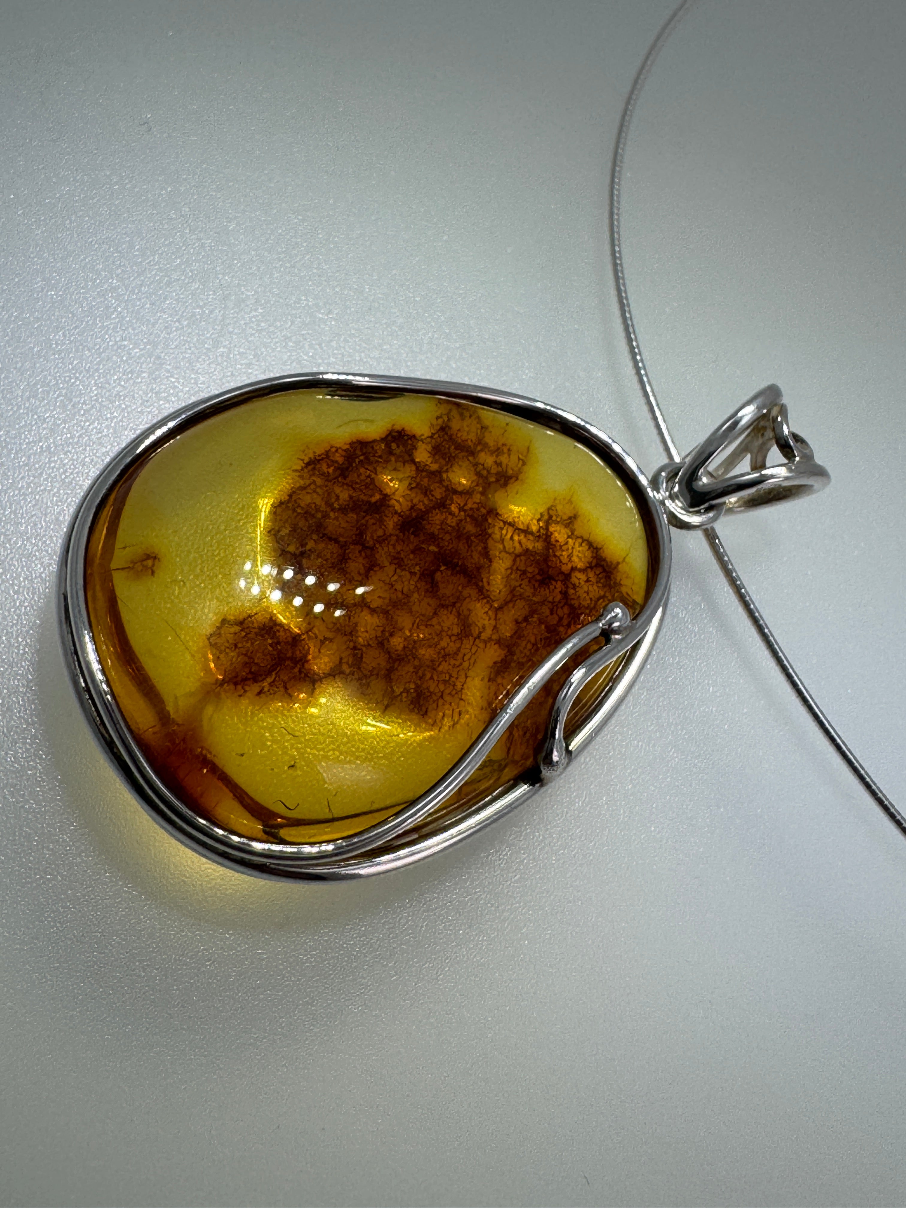 One-of-a-Kind Handmade Baltic Amber & Sterling Silver Pendant on Omega Necklace