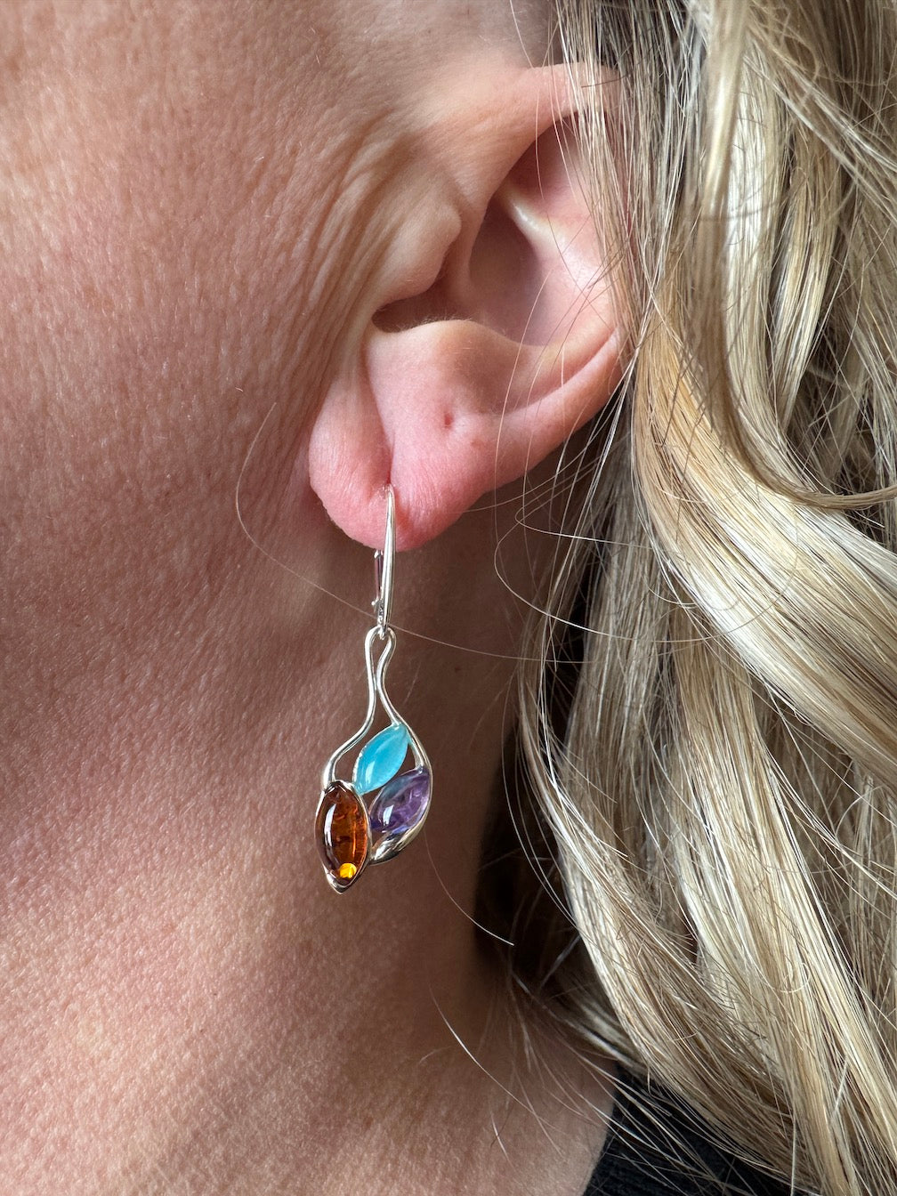 Handmade Baltic Amber & Multi Stone Earrings | Sterling Silver Dangle Lever Backs from Poland