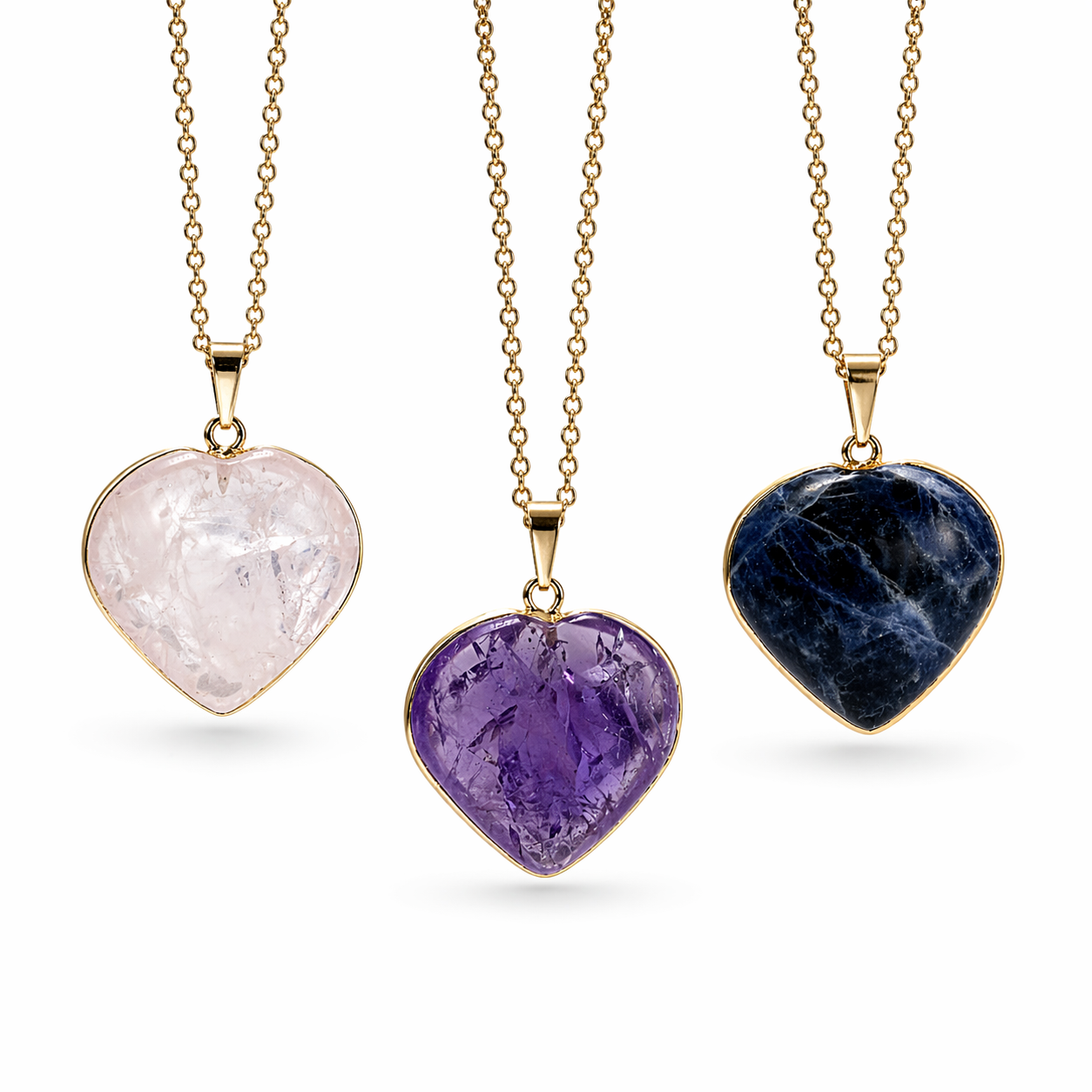 Handmade Brazil Gemstone Heart Necklace – Rose Quartz, Amethyst or Lapis Lazuli – Gold Plated Chain – Natural Stone Jewelry Gift