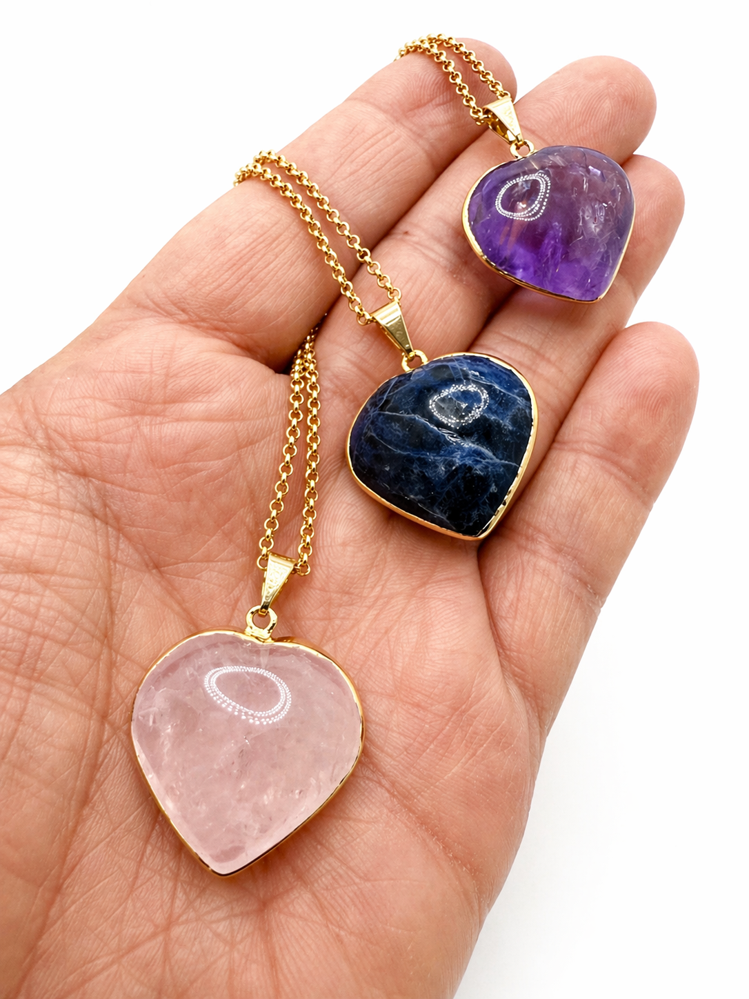 Handmade Brazil Gemstone Heart Necklace – Rose Quartz, Amethyst or Lapis Lazuli – Gold Plated Chain – Natural Stone Jewelry Gift