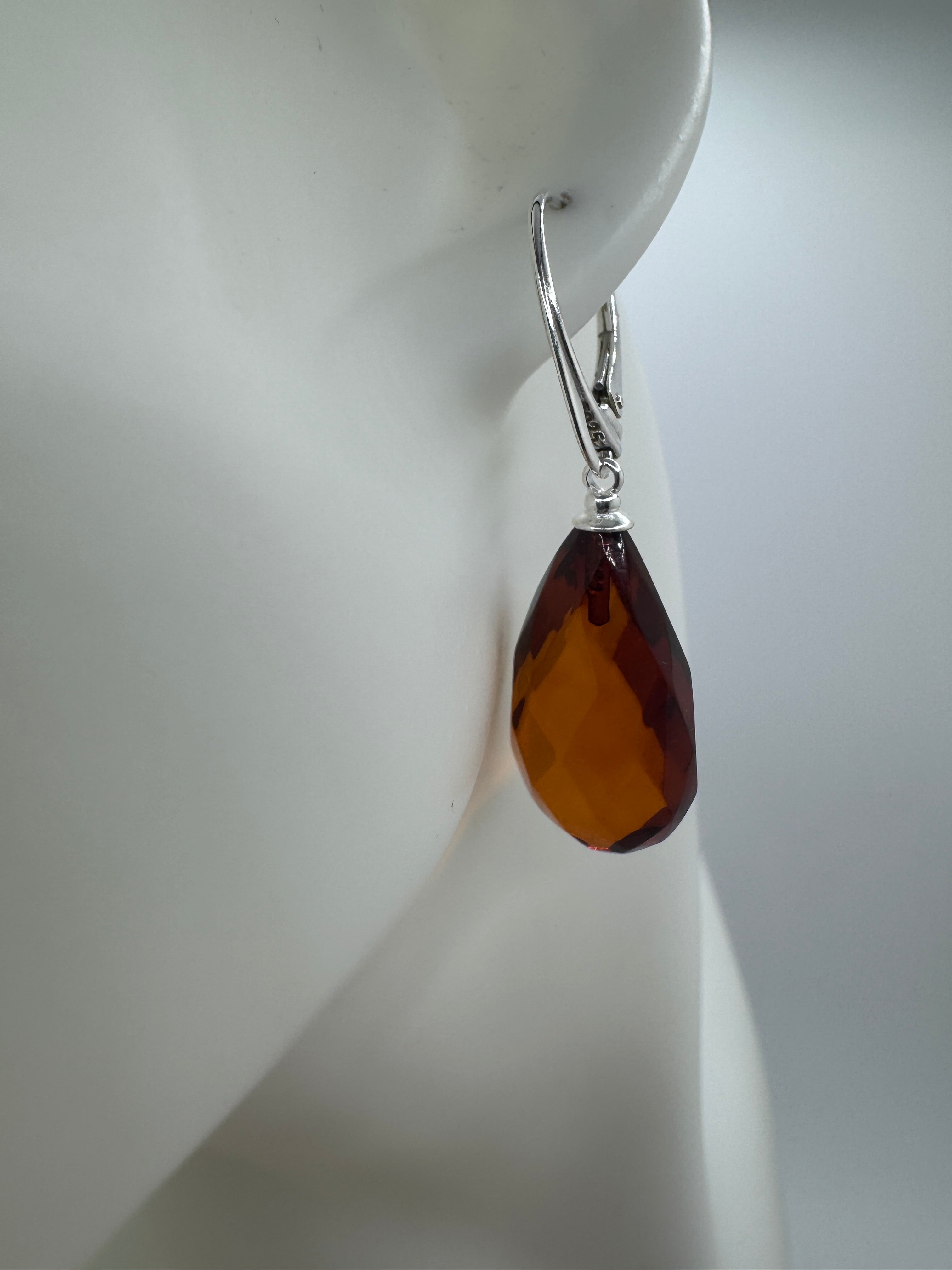 Handmade Cognac Baltic Amber Faceted Teardrop Earrings – Sterling Silver Lever Back Drop Earrings from Lithuania