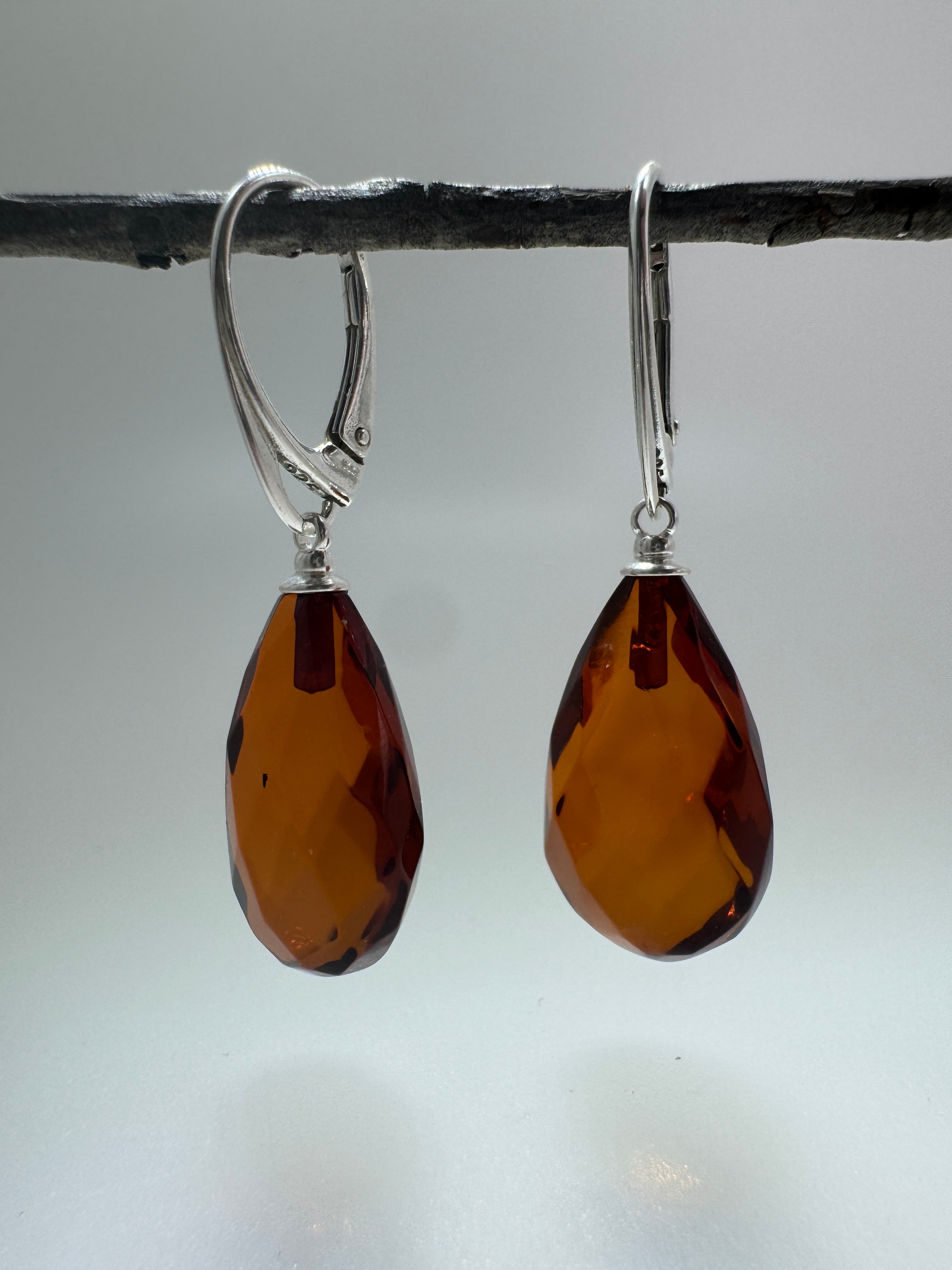 Handmade Cognac Baltic Amber Faceted Teardrop Earrings – Sterling Silver Lever Back Drop Earrings from Lithuania