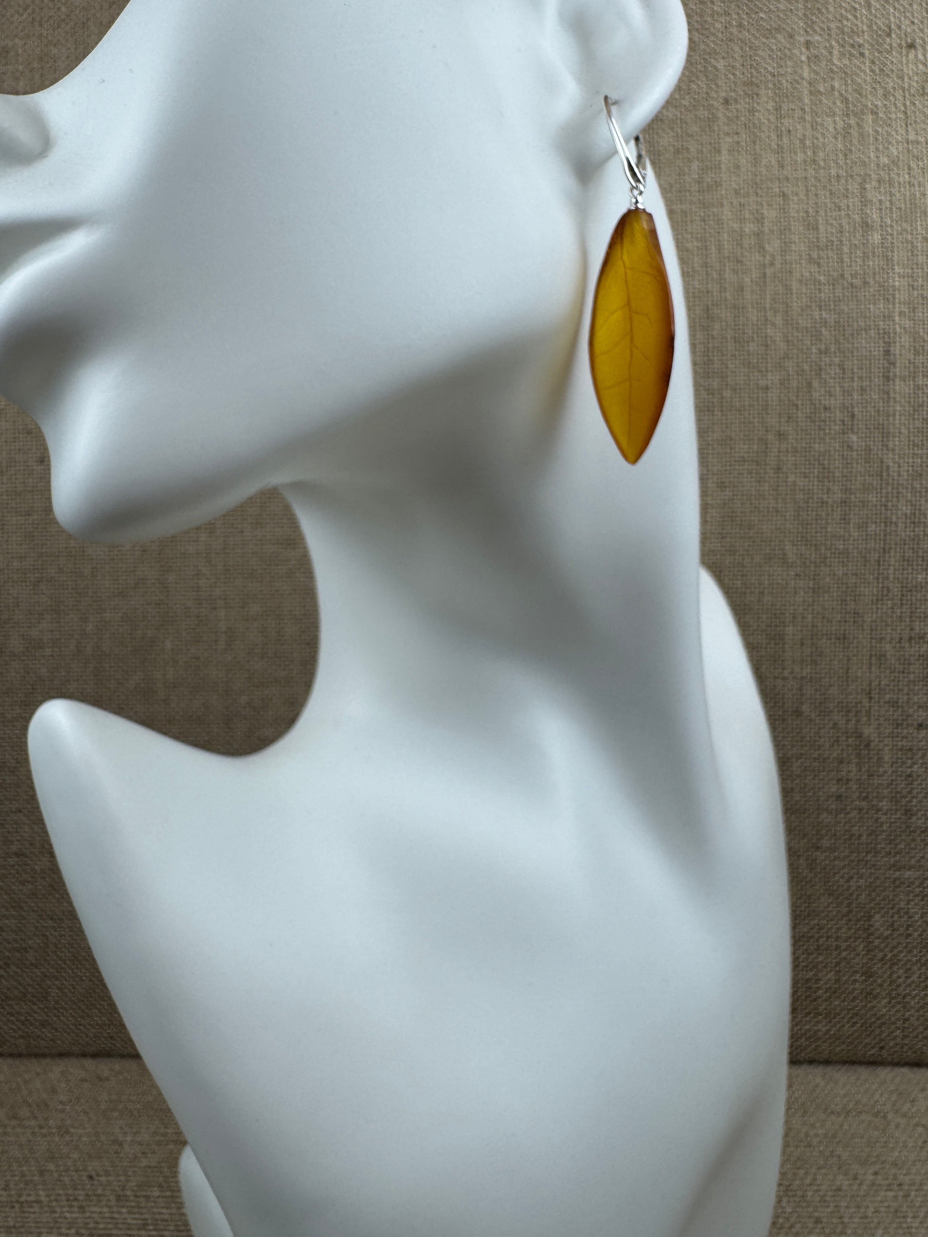 Handmade Cognac Baltic Amber Leaf Earrings – Hand Carved Sterling Silver Lever Back Dangle