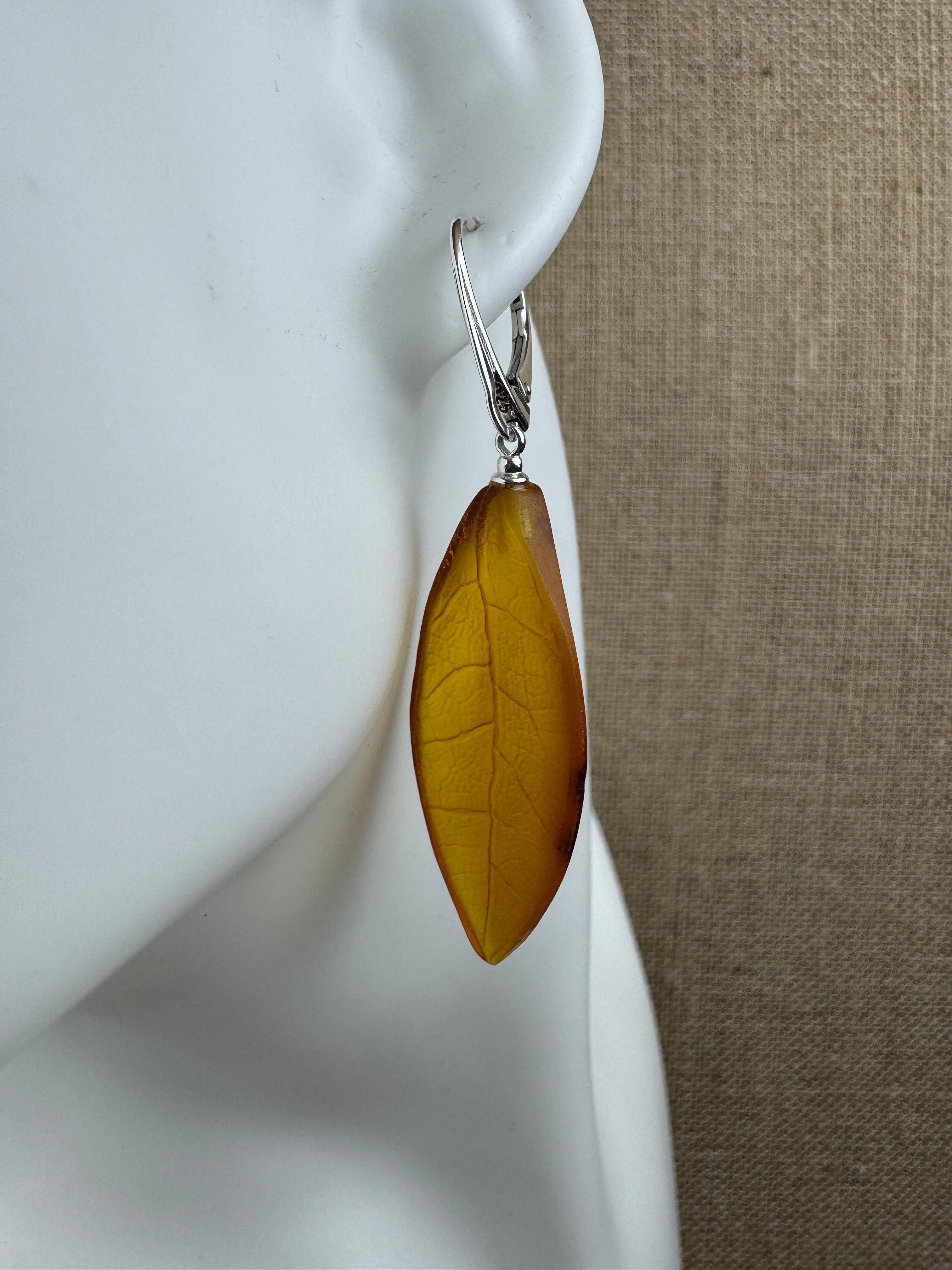 Handmade Cognac Baltic Amber Leaf Earrings – Hand Carved Sterling Silver Lever Back Dangle