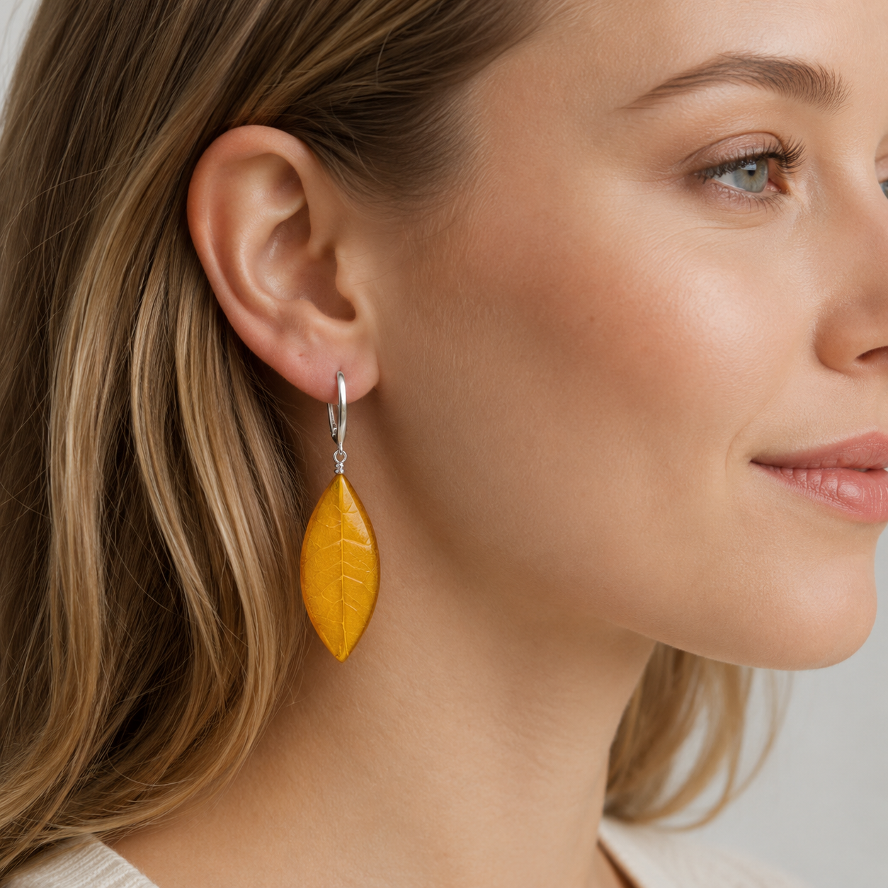 Handmade Cognac Baltic Amber Leaf Earrings – Hand Carved Sterling Silver Lever Back Dangle