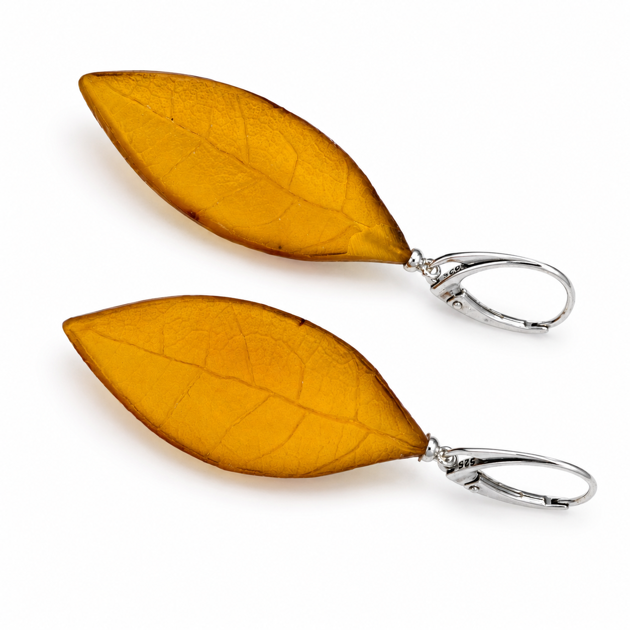 Handmade Cognac Baltic Amber Leaf Earrings – Hand Carved Sterling Silver Lever Back Dangle