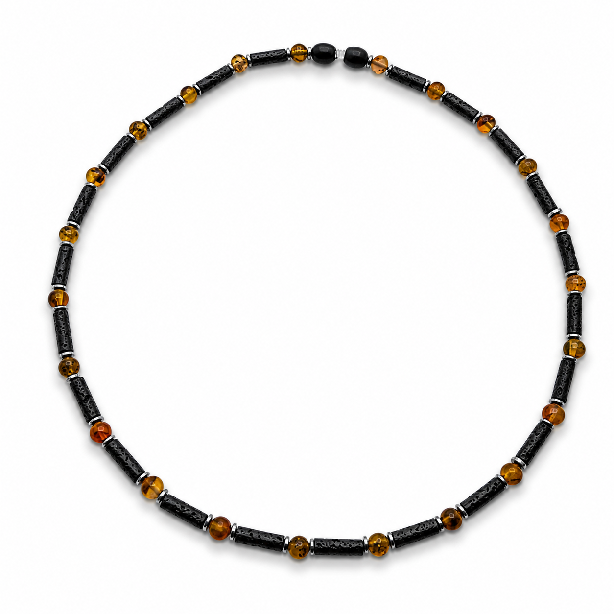 Handmade Genuine Baltic Amber & Lava Rock Men’s Necklace – Matte Butterscotch Amber, Sterling Silver, 20”