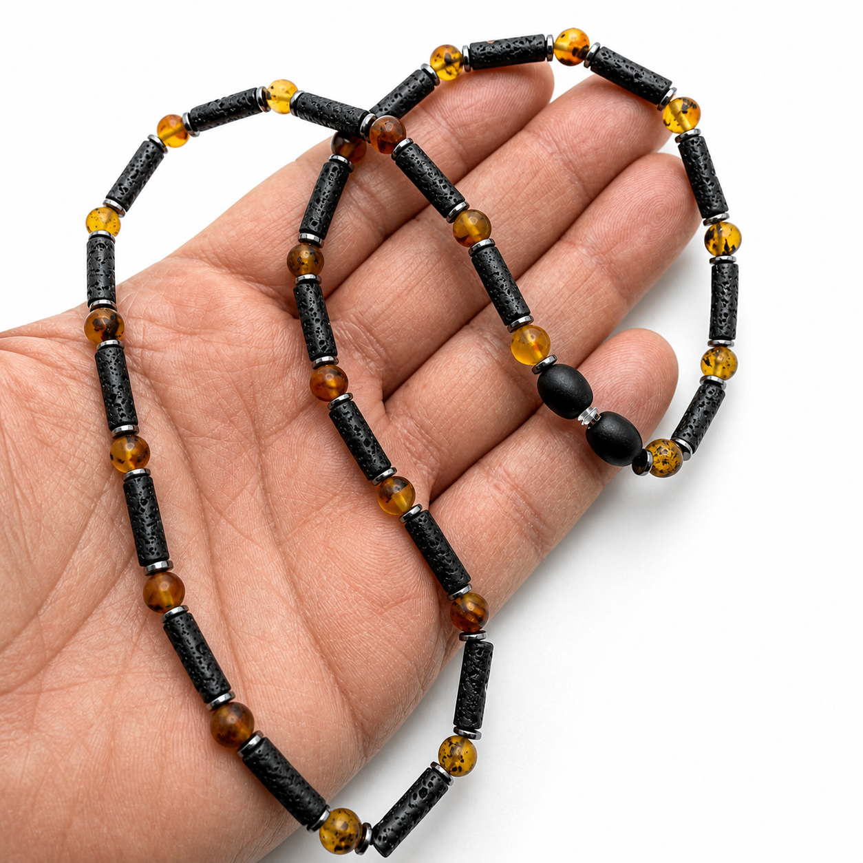 Handmade Genuine Baltic Amber & Lava Rock Men’s Necklace – Matte Butterscotch Amber, Sterling Silver, 20”