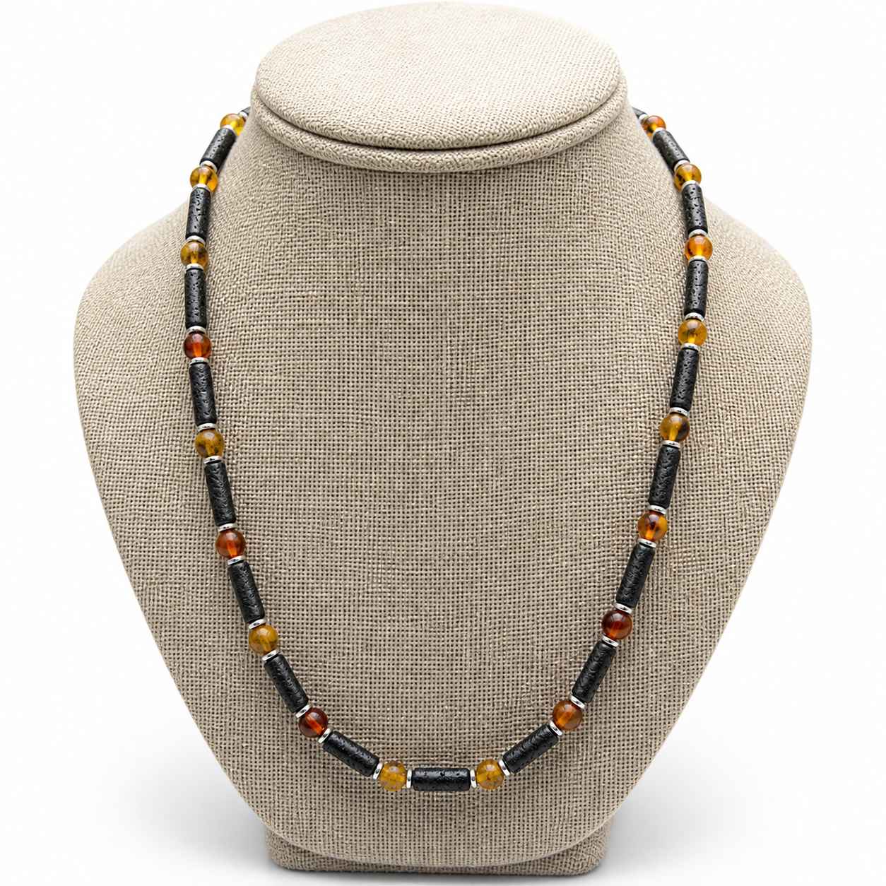 Handmade Genuine Baltic Amber & Lava Rock Men’s Necklace – Matte Butterscotch Amber, Sterling Silver, 20”