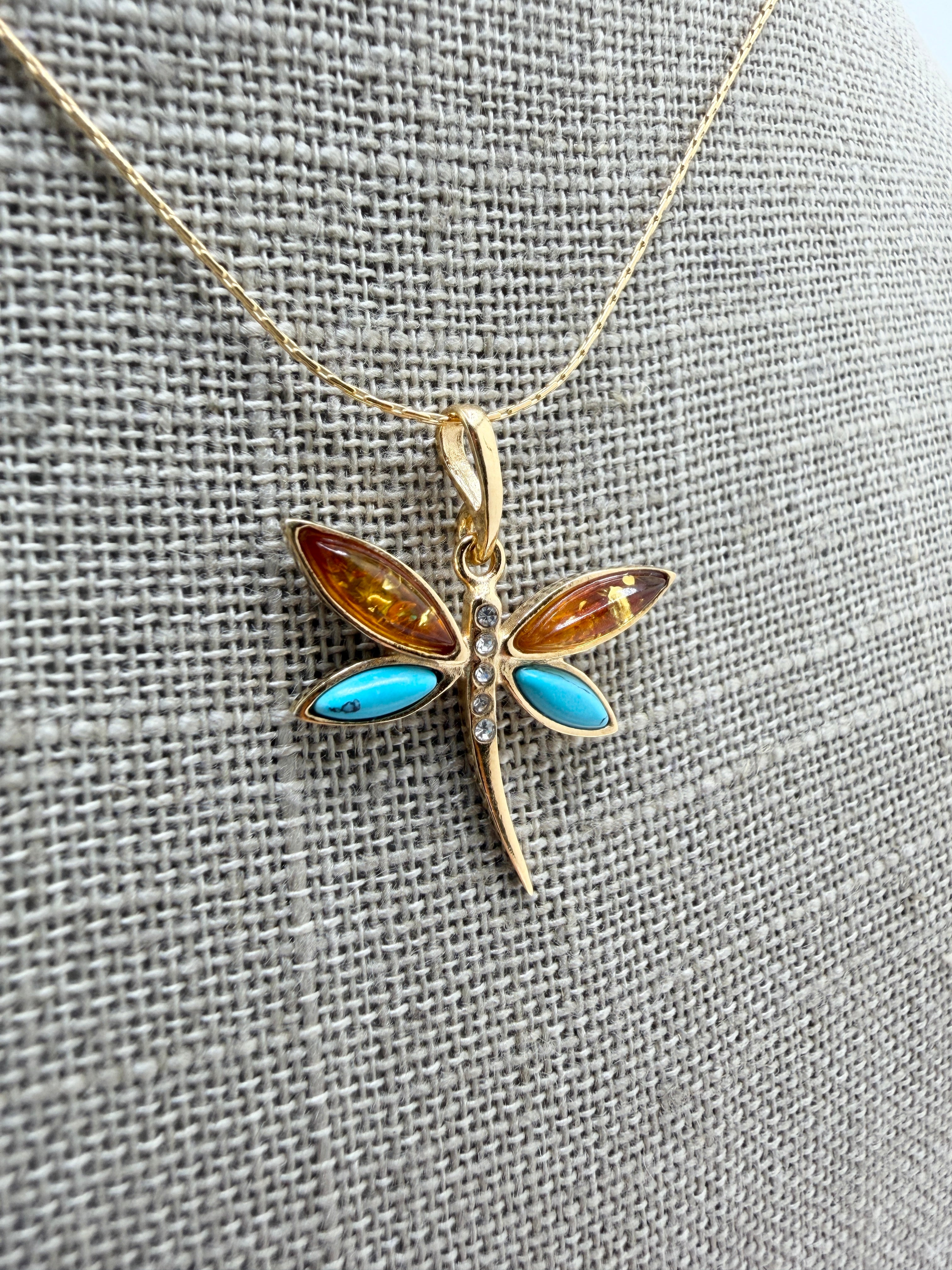 Handmade Gold Plated Sterling Silver Baltic Amber & Turquoise Dragonfly Pendant