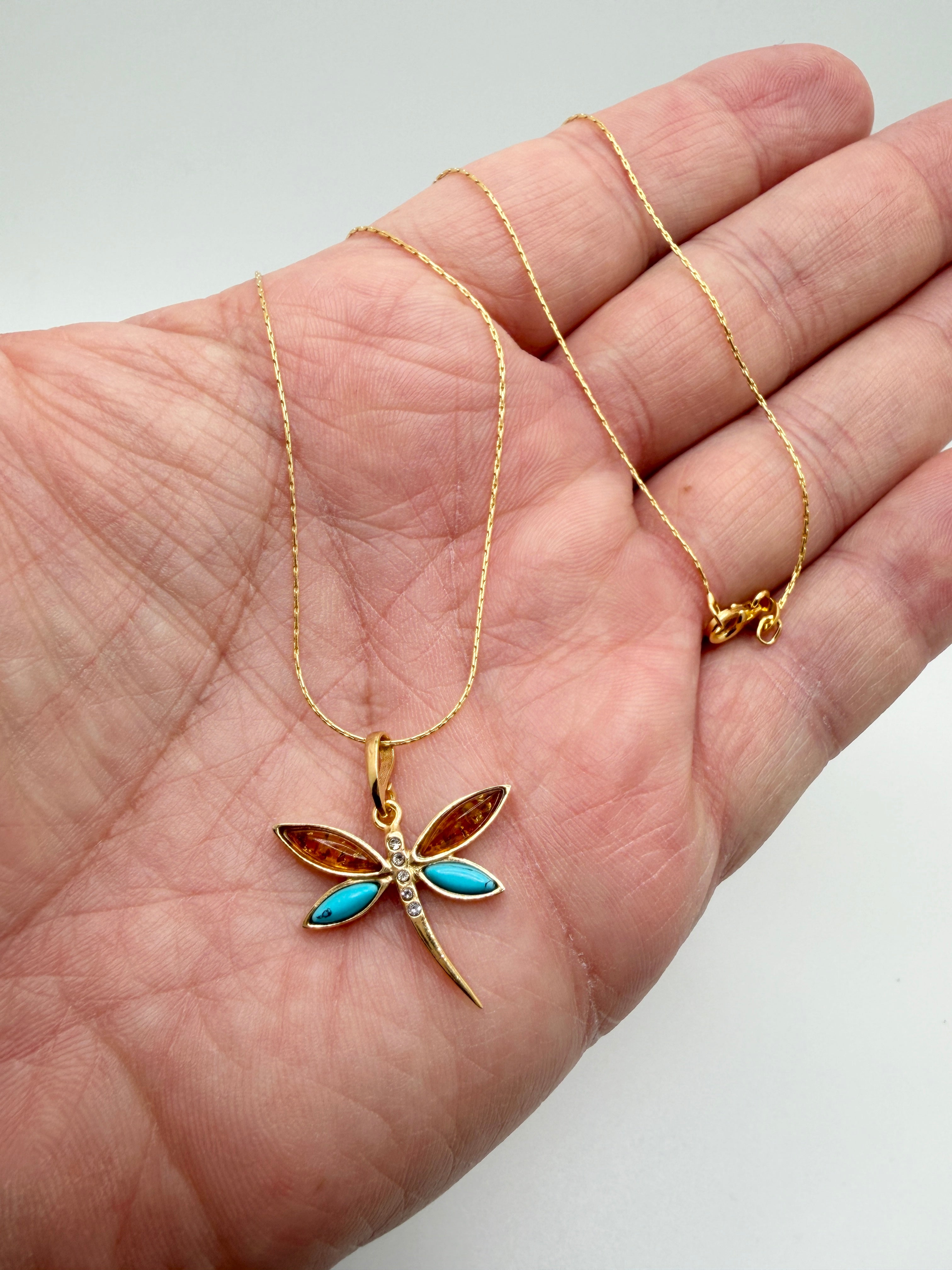 Handmade Gold Plated Sterling Silver Baltic Amber & Turquoise Dragonfly Pendant