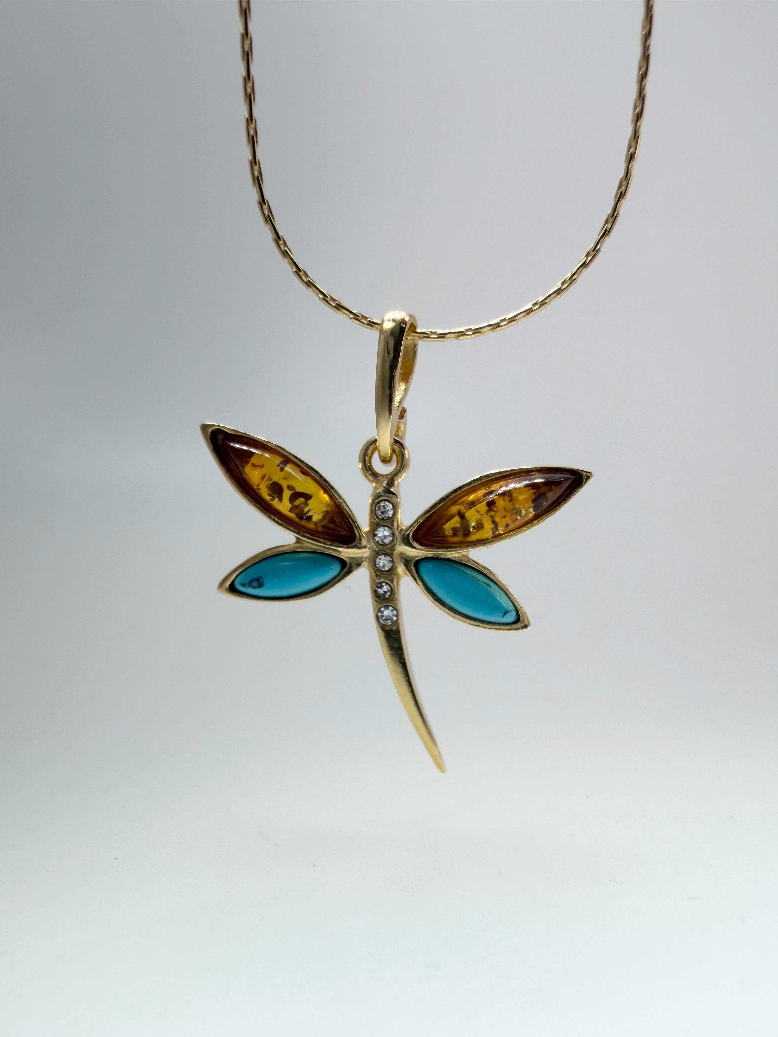 Handmade Gold Plated Sterling Silver Baltic Amber & Turquoise Dragonfly Pendant
