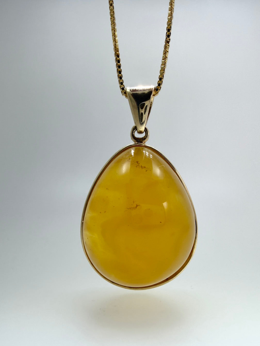Handmade Gold Plated Sterling Silver Butterscotch Baltic Amber Modern Pendant Necklace | Rare Yellow Amber | 18” Box Chain | Made in Poland