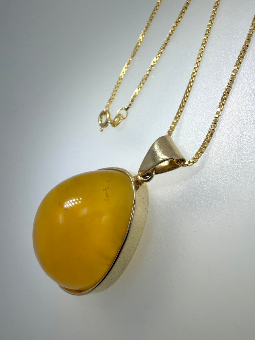 Handmade Gold Plated Sterling Silver Butterscotch Baltic Amber Modern Pendant Necklace | Rare Yellow Amber | 18” Box Chain | Made in Poland