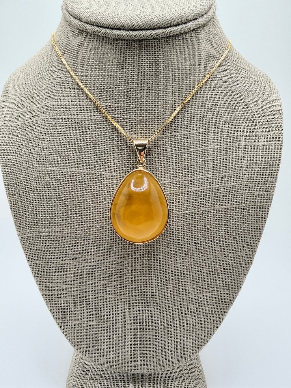 Handmade Gold Plated Sterling Silver Butterscotch Baltic Amber Modern Pendant Necklace | Rare Yellow Amber | 18” Box Chain | Made in Poland