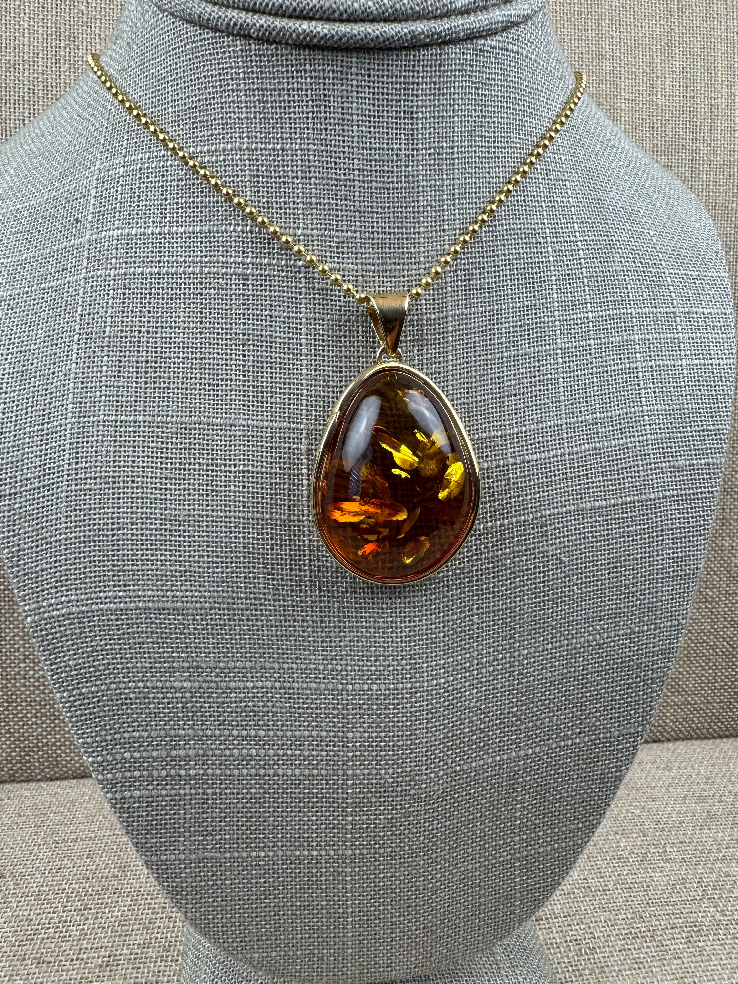 Handmade Gold Plated Sterling Silver Cognac Baltic Amber Pendant Necklace
