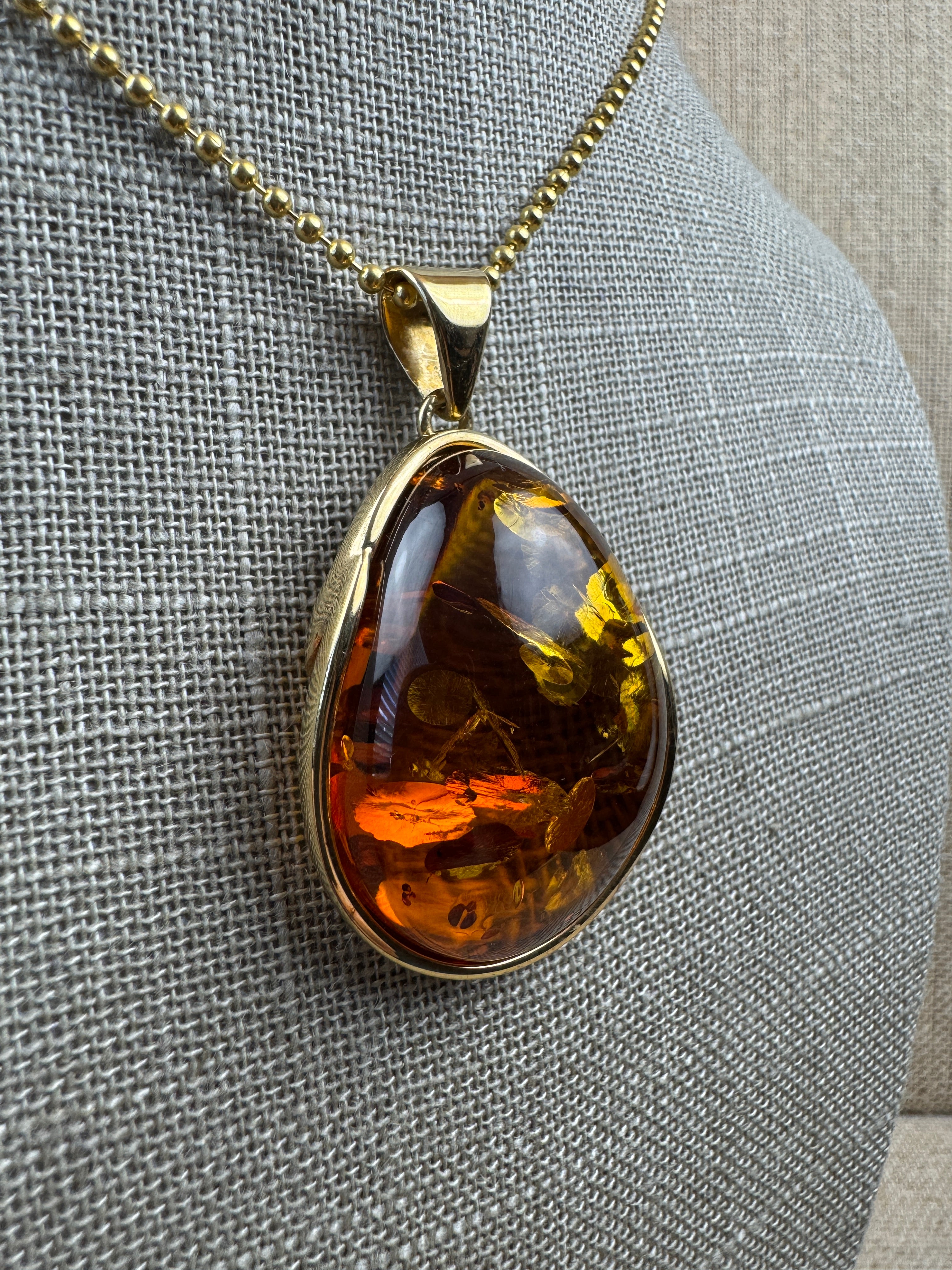 Handmade Gold Plated Sterling Silver Cognac Baltic Amber Pendant Necklace