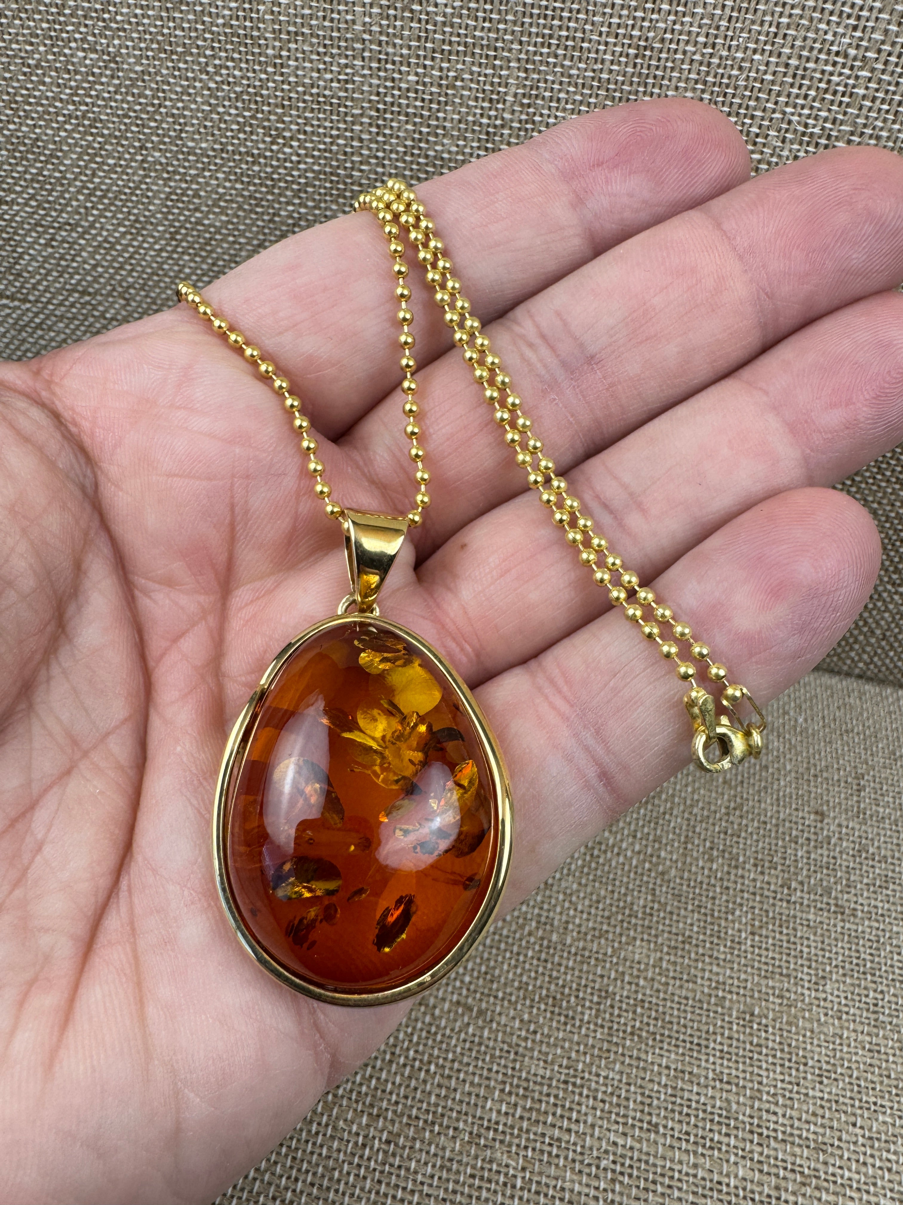 Handmade Gold Plated Sterling Silver Cognac Baltic Amber Pendant Necklace