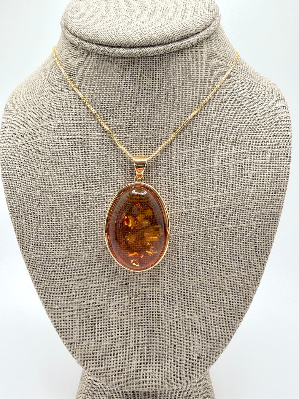 Handmade Gold Plated Sterling Silver Honey Cognac Baltic Amber Modern Pendant with 18” Box Chain