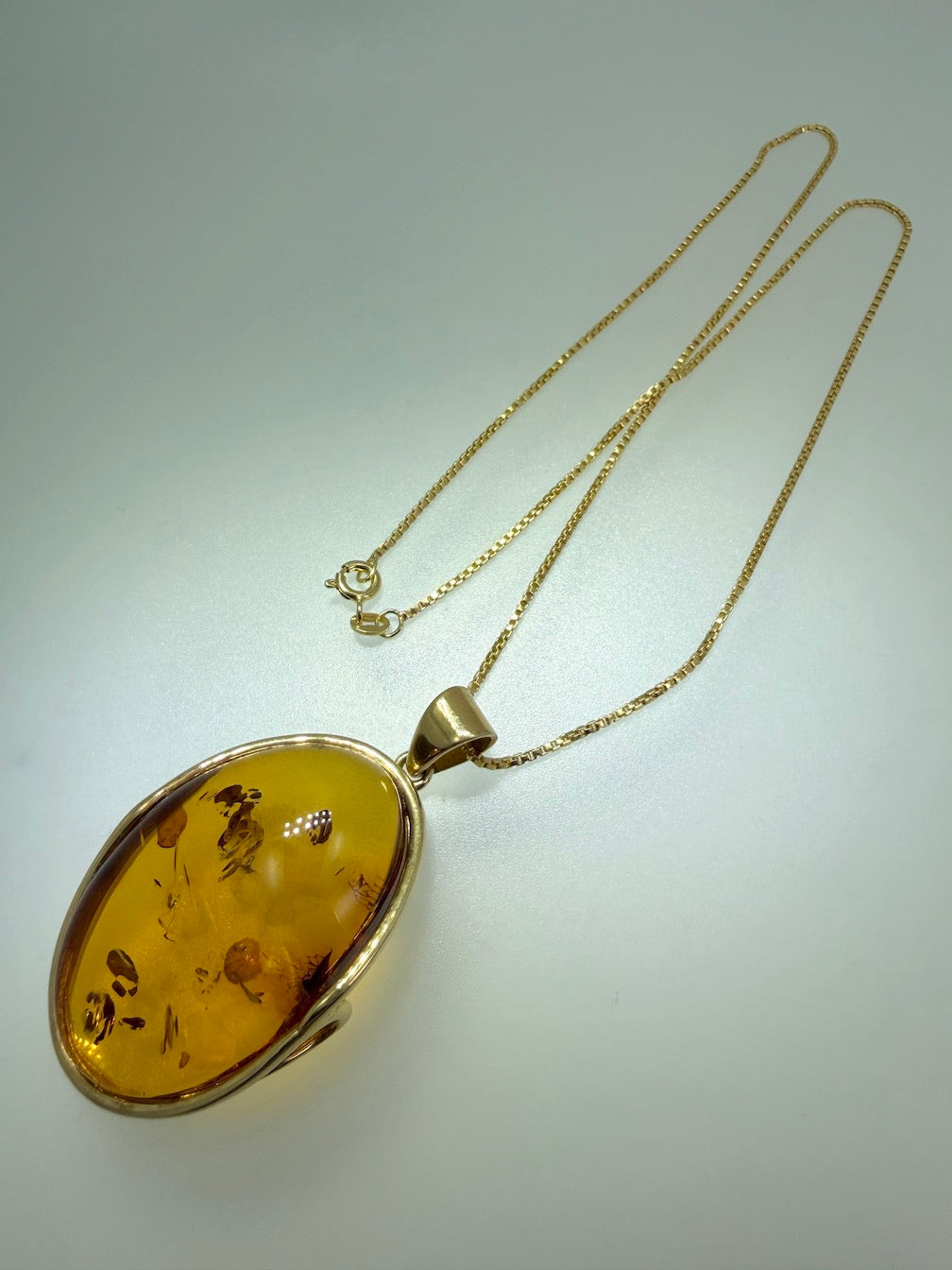 Handmade Gold Plated Sterling Silver Honey Cognac Baltic Amber Modern Pendant with 18” Box Chain