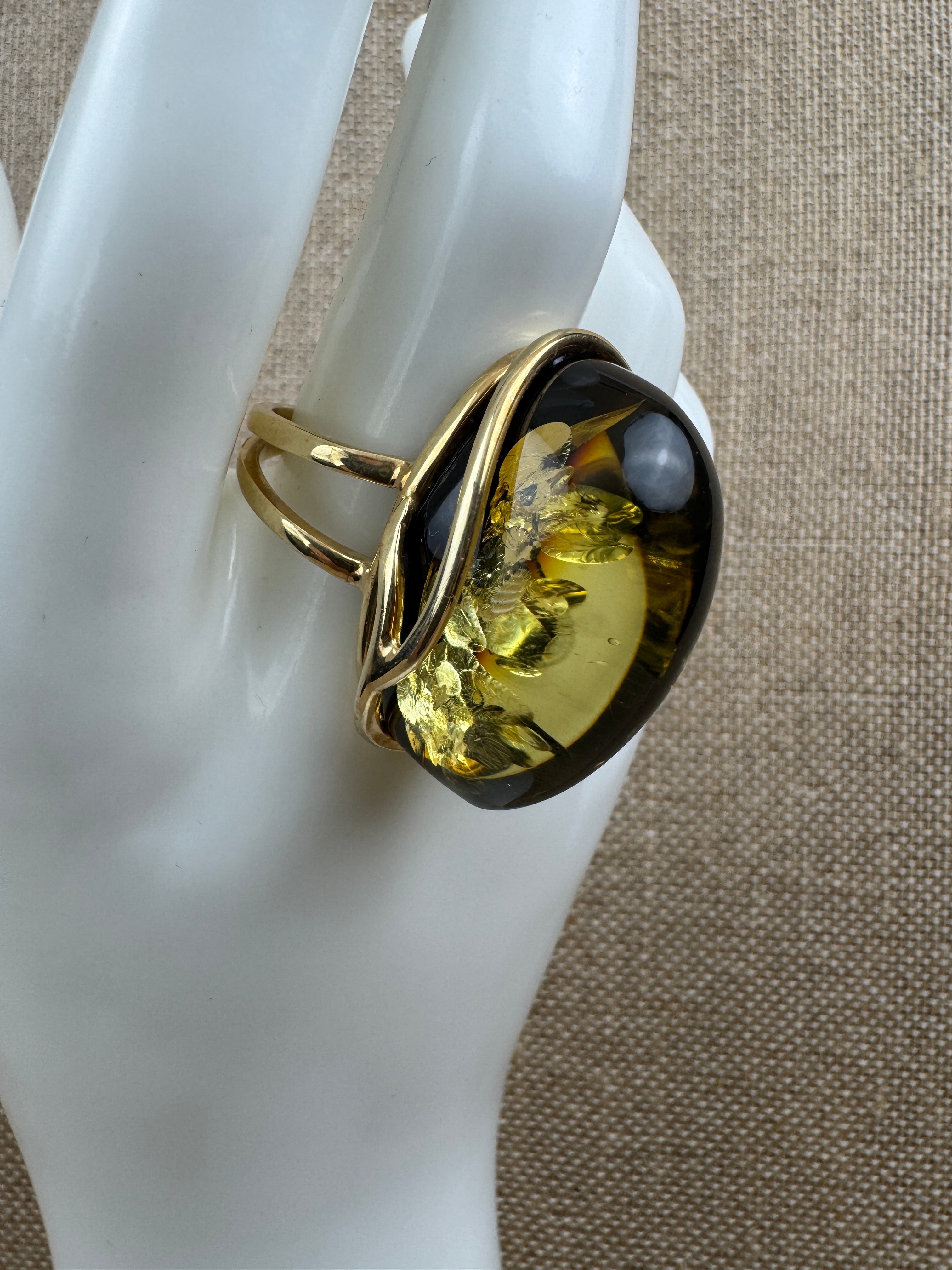 Handmade Green Baltic Amber Ombre Ring – Adjustable Gold Plated Sterling Silver Statement Ring – Genuine Baltic Amber Jewelry from Poland