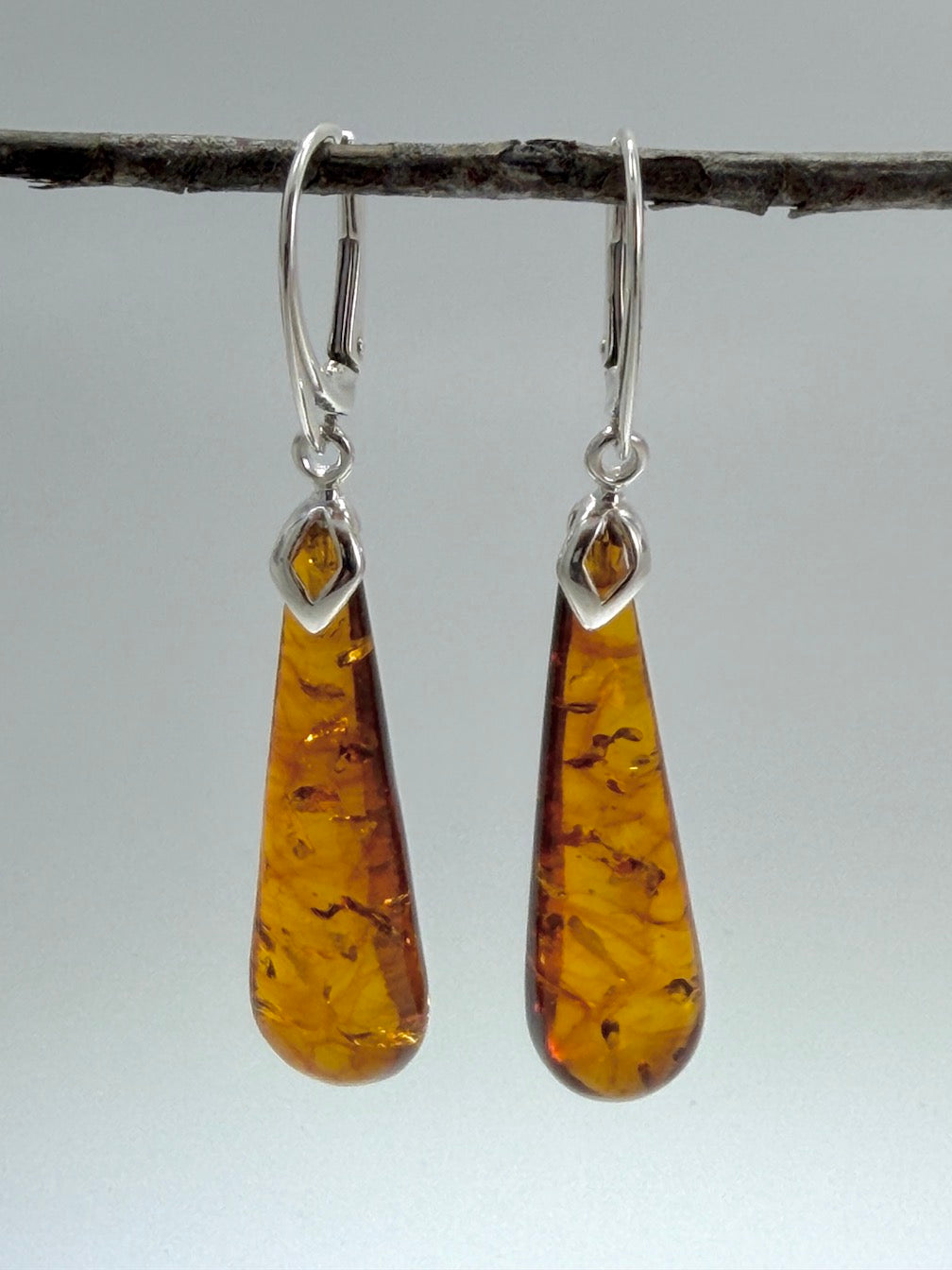 Handmade Honey Baltic Amber Teardrop Earrings | Sterling Silver Lever Back | Lightweight Everyday Baltic Amber Jewelry