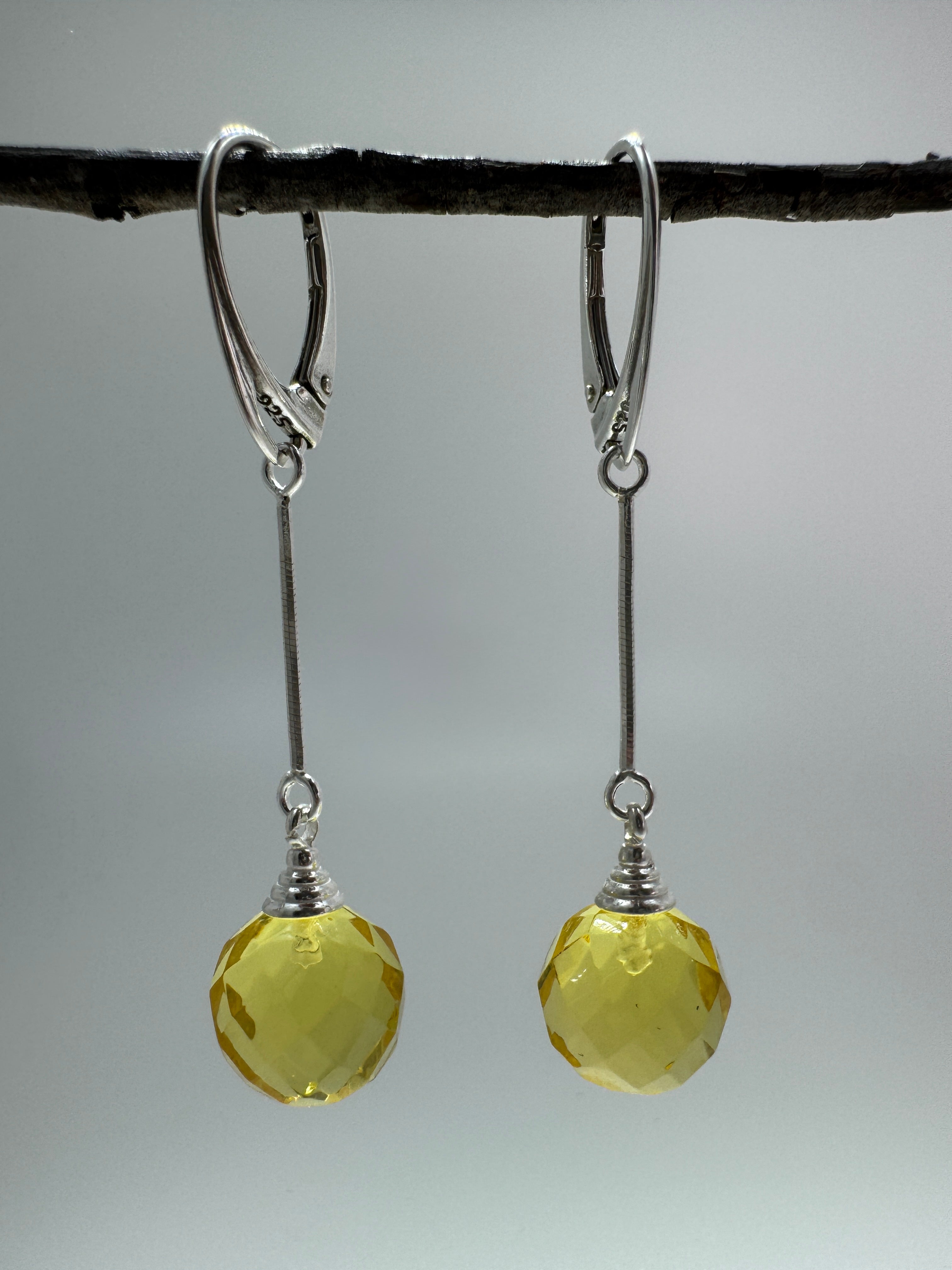 Handmade Lemon Baltic Amber Faceted Ball Drop Earrings – Sterling Silver Lever Back Dangle Jewelry from Lithuania