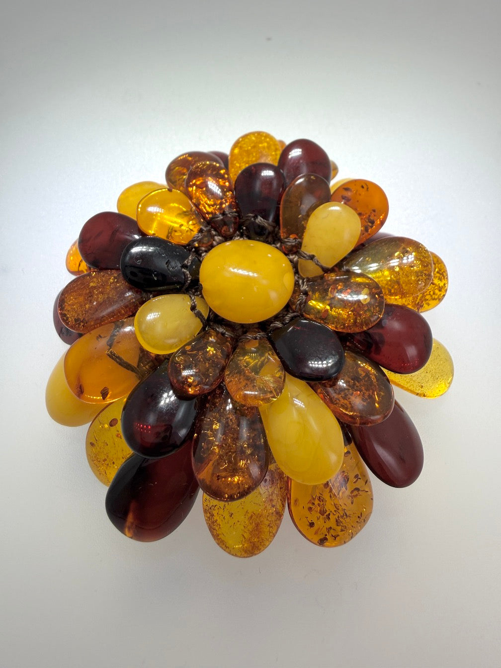 Handmade Lithuanian Multicolor Baltic Amber Flower Pendant Necklace & Brooch – Sterling Silver & Leather Cord