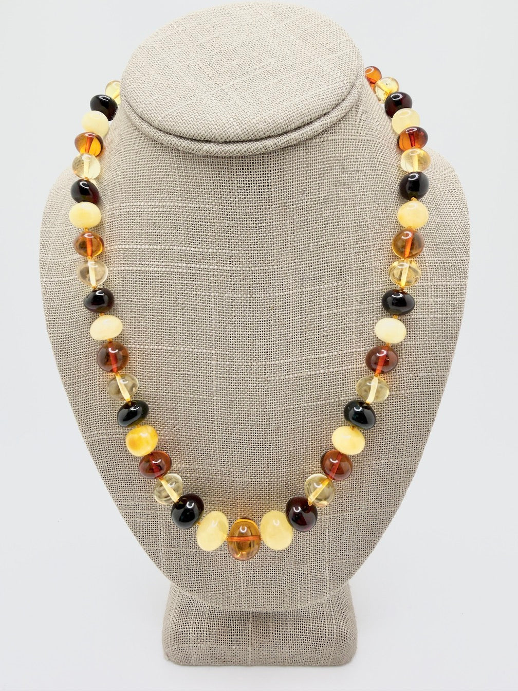 Handmade Lithuanian Multicolor Baroque Baltic Amber Bead Necklace • 20” Graduated Honey Lemon Cherry Butterscotch • Natural Knotted Strand