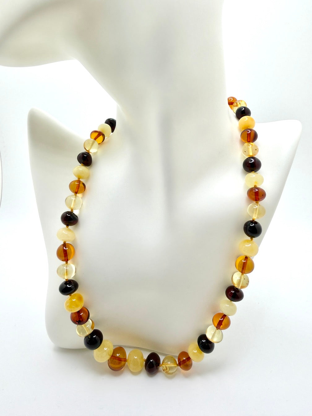 Handmade Lithuanian Multicolor Baroque Baltic Amber Bead Necklace • 20” Graduated Honey Lemon Cherry Butterscotch • Natural Knotted Strand