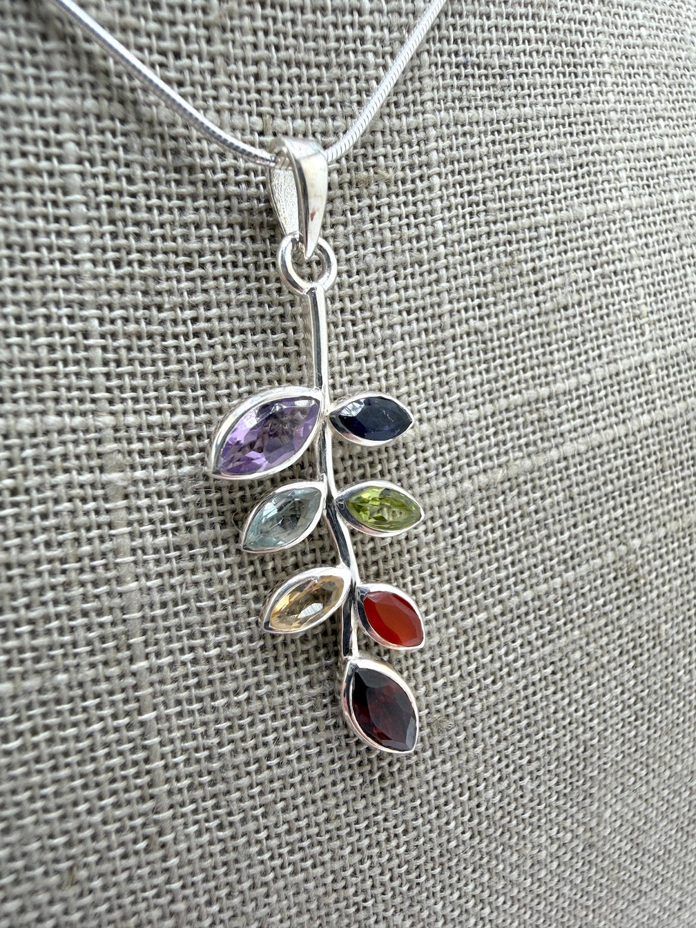 Multi-Stone Leaf Pendant Necklace – Sterling Silver with Amethyst, Blue Topaz, Peridot, Aquamarine & Quartz – Elegant Nature Inspired Jewelry