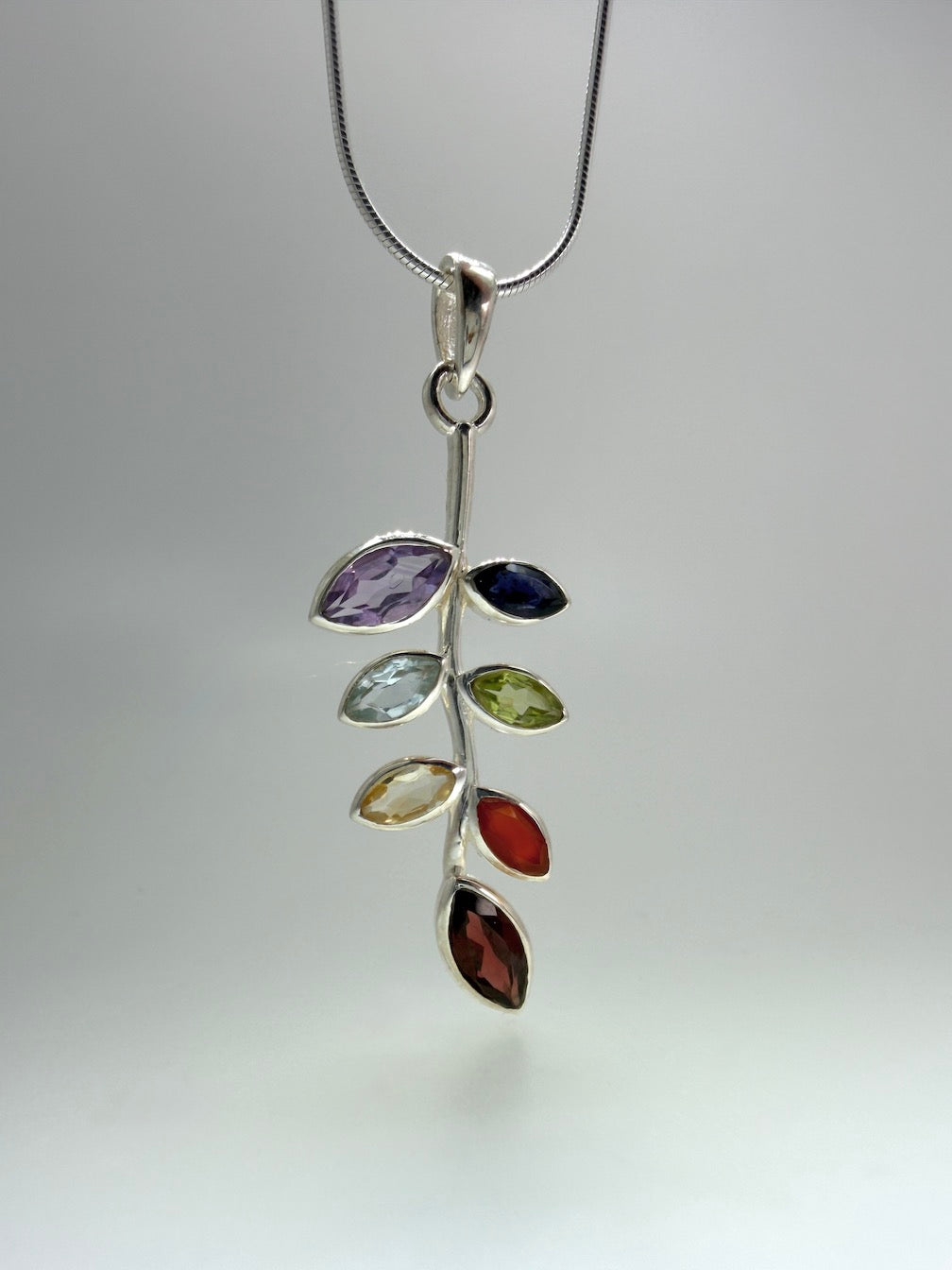 Multi-Stone Leaf Pendant Necklace – Sterling Silver with Amethyst, Blue Topaz, Peridot, Aquamarine & Quartz – Elegant Nature Inspired Jewelry