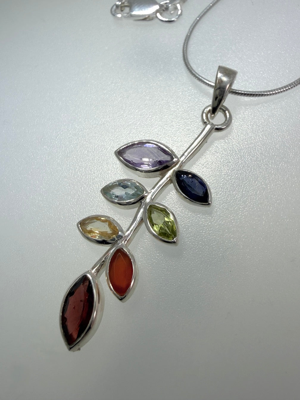 Multi-Stone Leaf Pendant Necklace – Sterling Silver with Amethyst, Blue Topaz, Peridot, Aquamarine & Quartz – Elegant Nature Inspired Jewelry