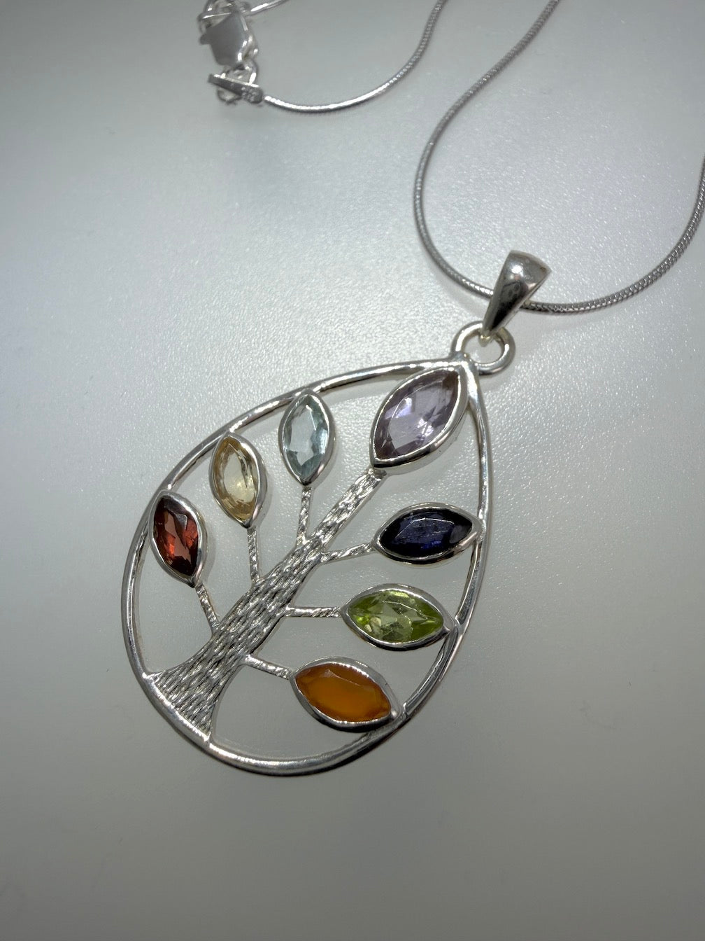 Handmade Multi-Stone Tree of Life Pendant – Sterling Silver Teardrop Necklace with Amethyst, Blue Topaz, Peridot, Aquamarine & Quartz – Nature Inspired Statement Jewelry