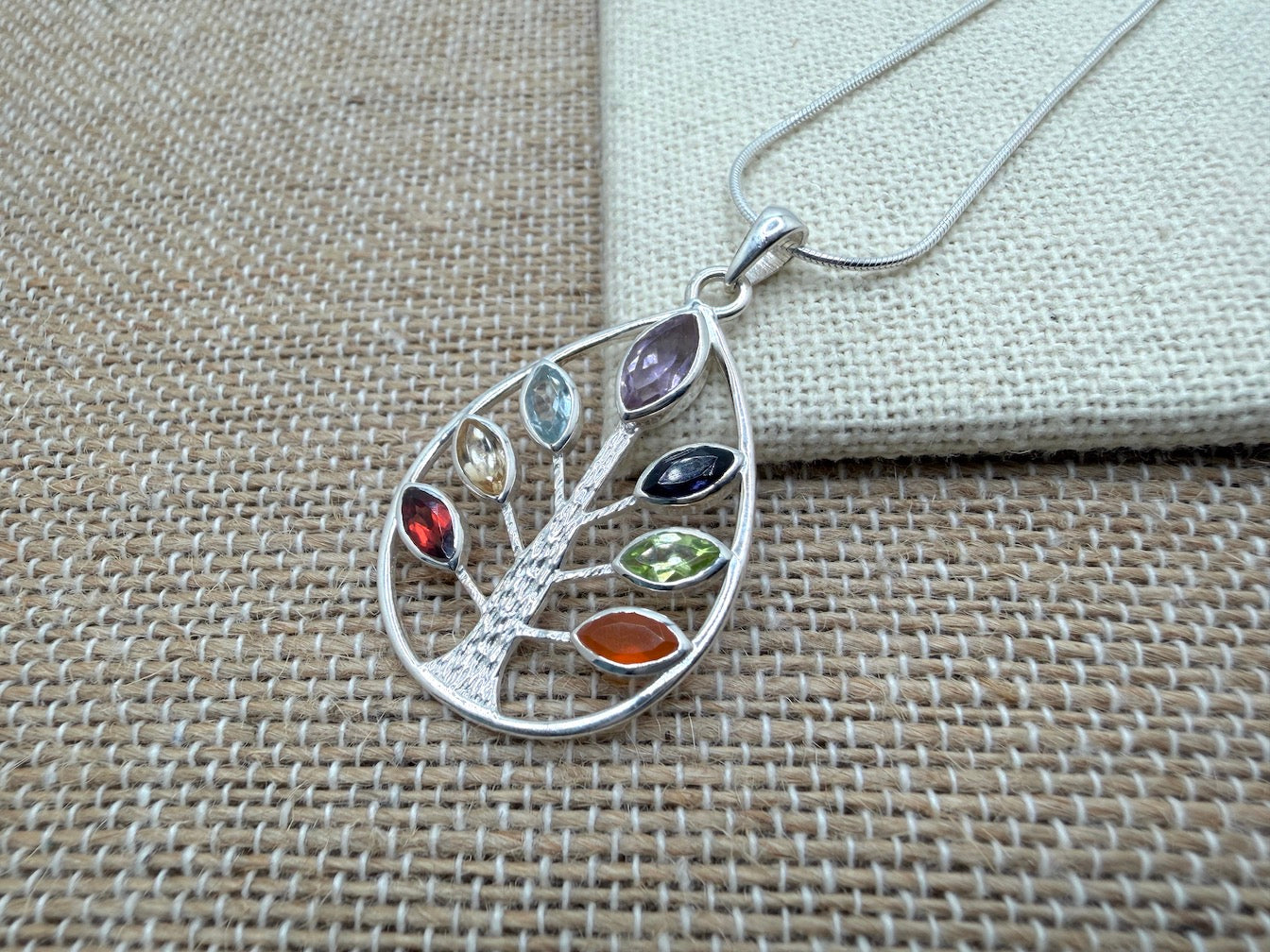 Handmade Multi-Stone Tree of Life Pendant – Sterling Silver Teardrop Necklace with Amethyst, Blue Topaz, Peridot, Aquamarine & Quartz – Nature Inspired Statement Jewelry