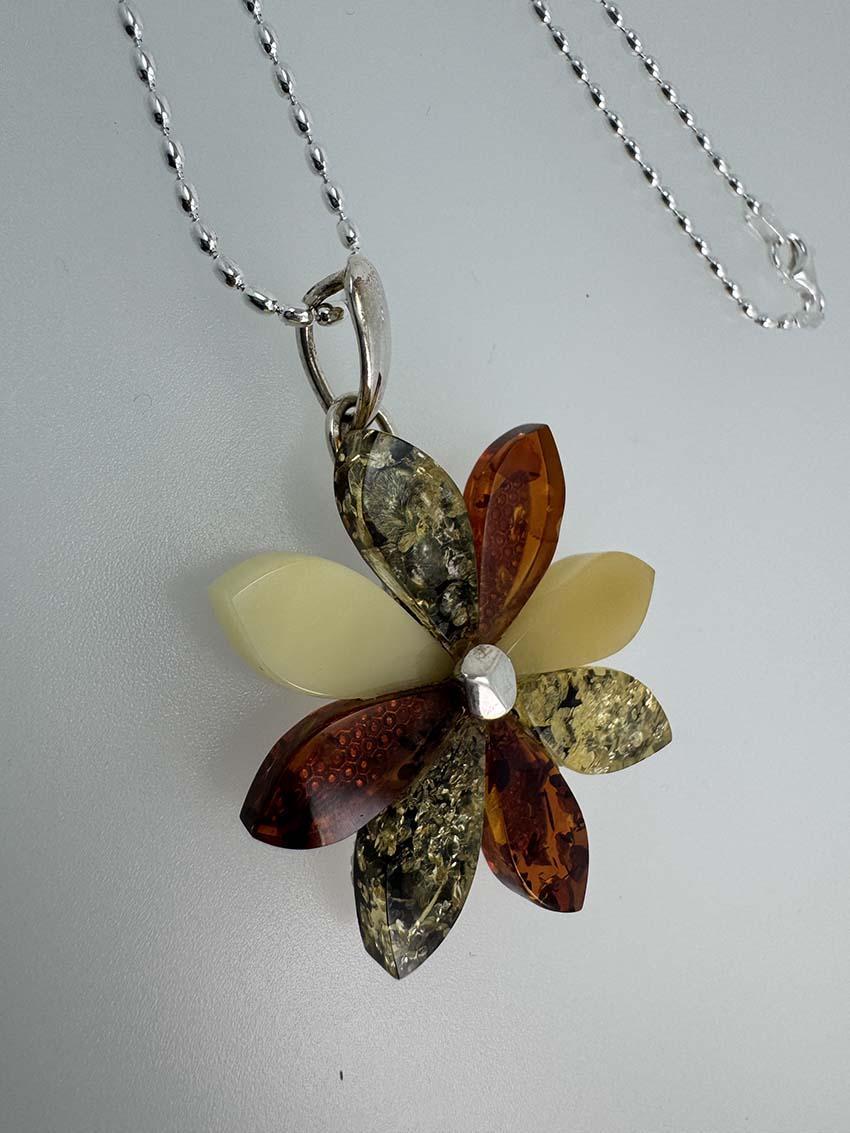 Handmade Multicolor Baltic Amber Flower Pendant - Green, Cognac & Butterscotch - One-of-a-Kind