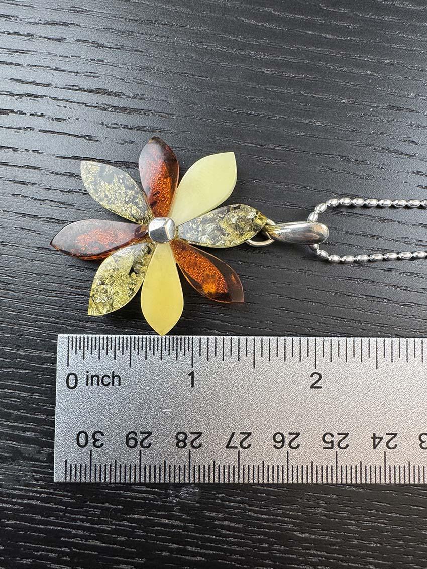 Handmade Multicolor Baltic Amber Flower Pendant - Green, Cognac & Butterscotch - One-of-a-Kind