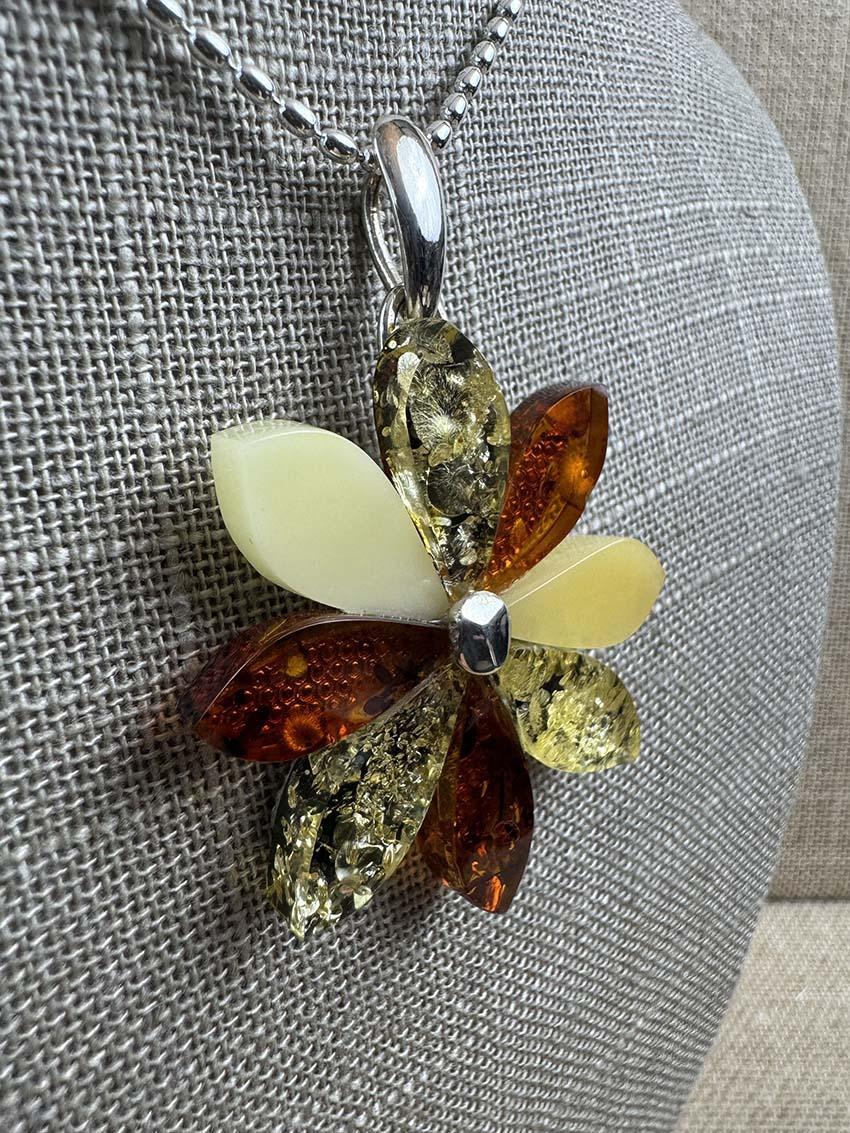 Handmade Multicolor Baltic Amber Flower Pendant - Green, Cognac & Butterscotch - One-of-a-Kind
