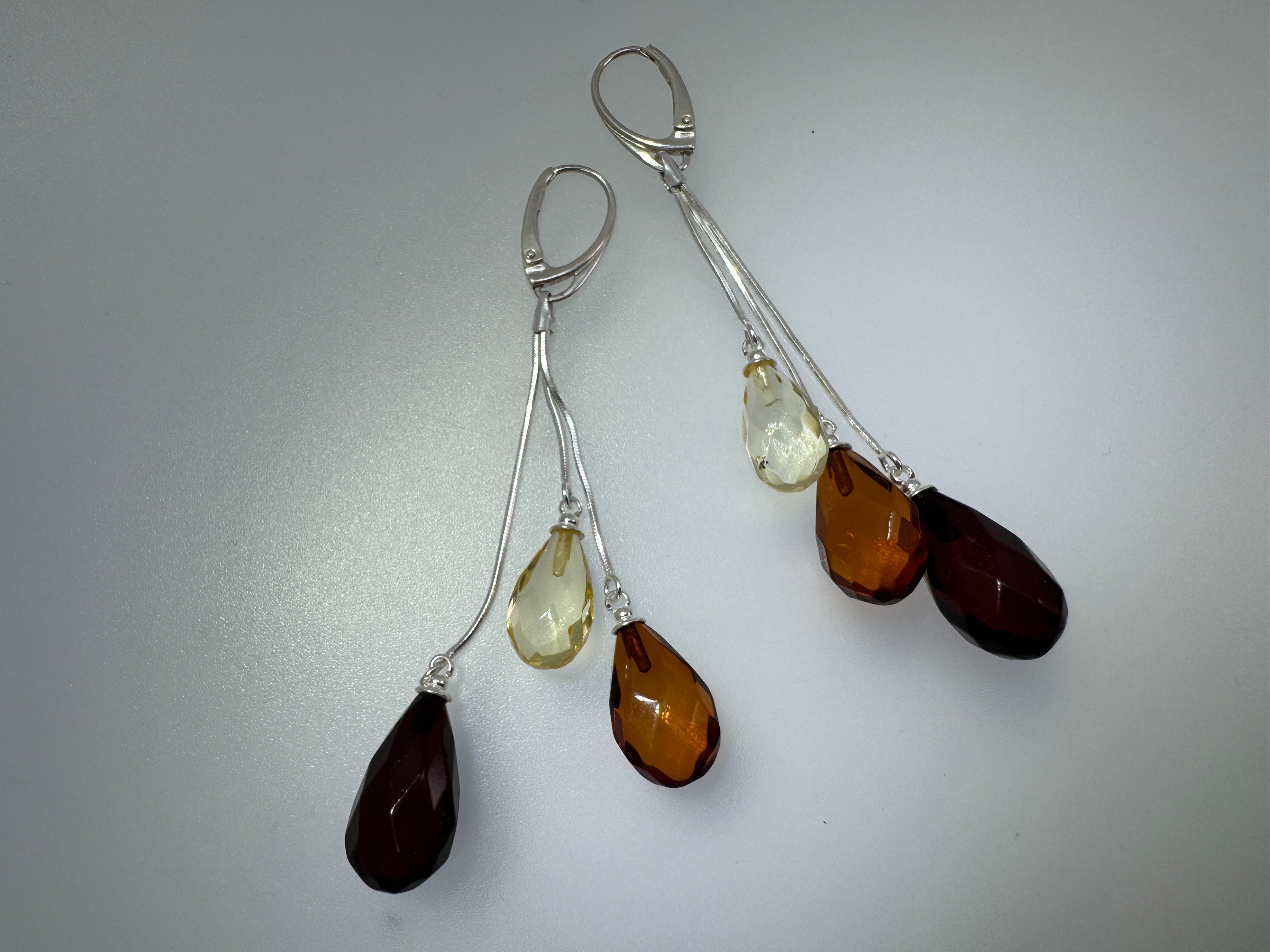 Handmade Multicolor Baltic Amber Ombre Drop Earrings – Sterling Silver Lever Back Dangle Jewelry from Lithuania