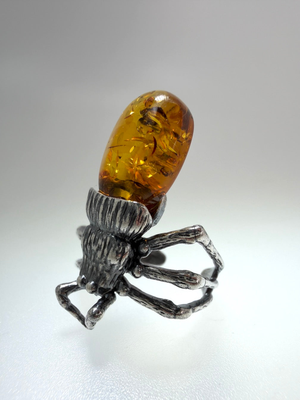 Handmade Oxidized Sterling Silver Baltic Amber Spider & Octopus Rings – Genuine Golden Amber Artisan Rings from Poland