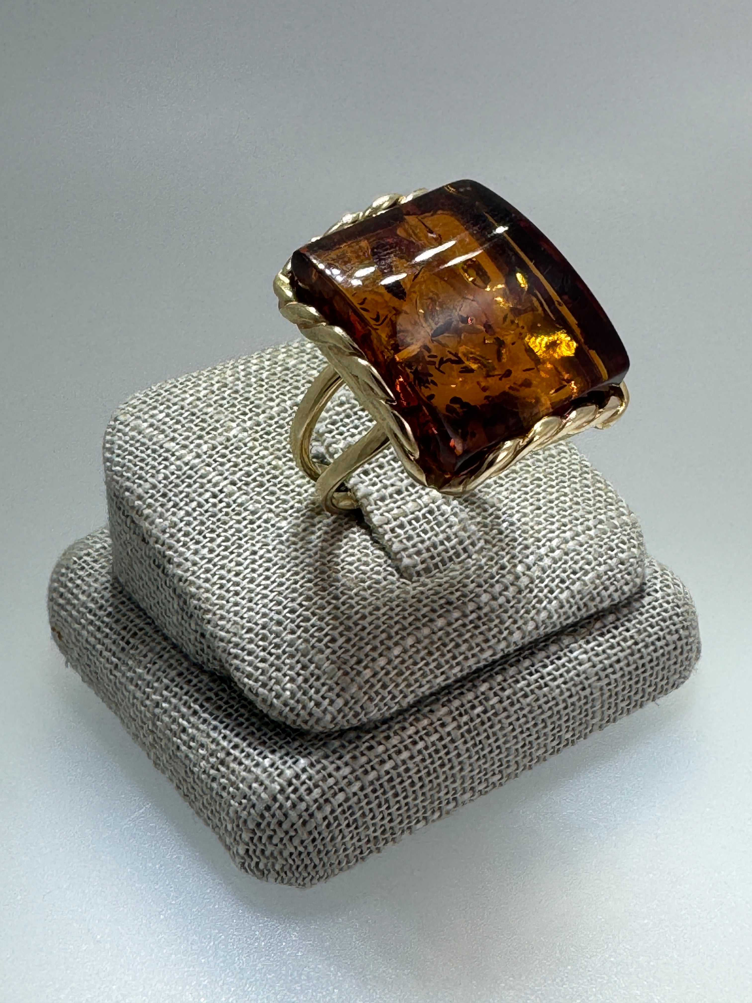 Handmade Poland Gold Plated Sterling Silver Rectangular Cognac Baltic Amber Cocktail Ring Adjustable Size
